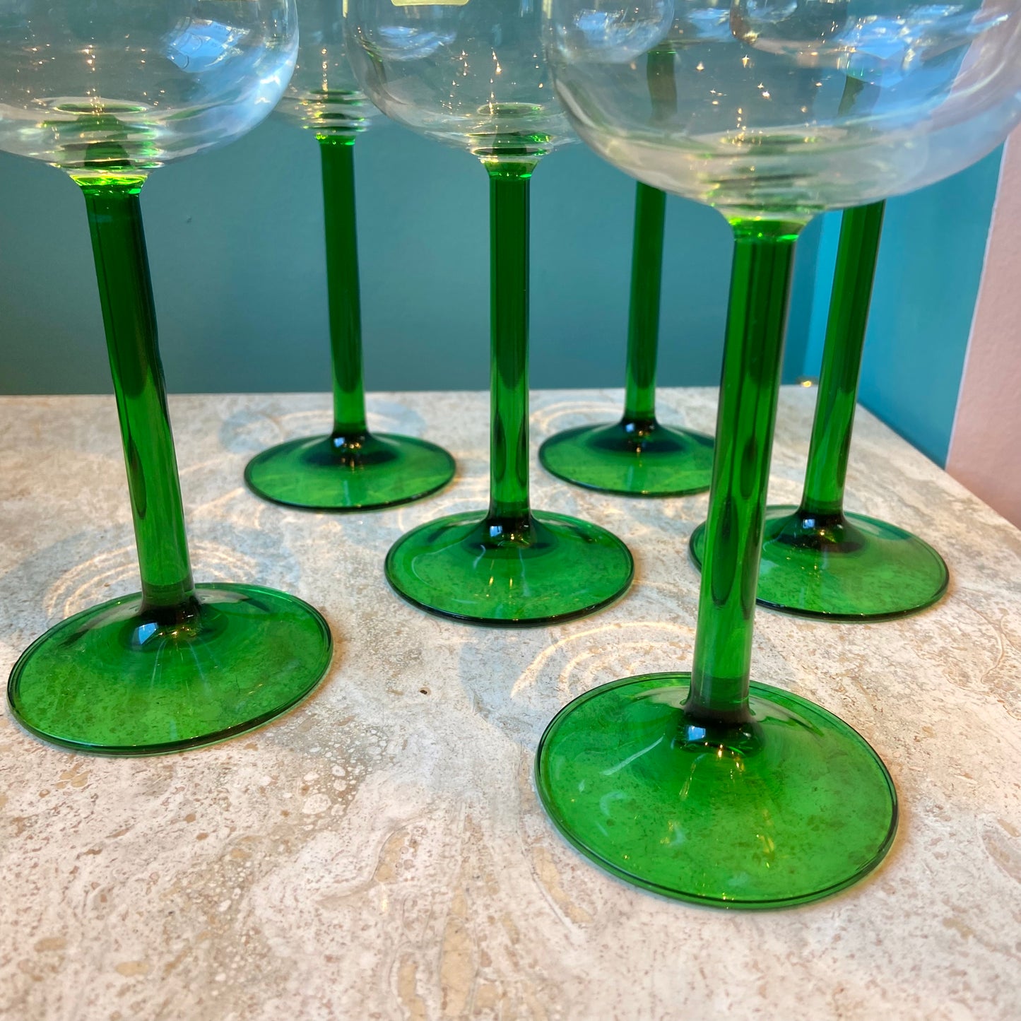 Set of 6 Vintage French Luminarc Green Stem Wine Glasses