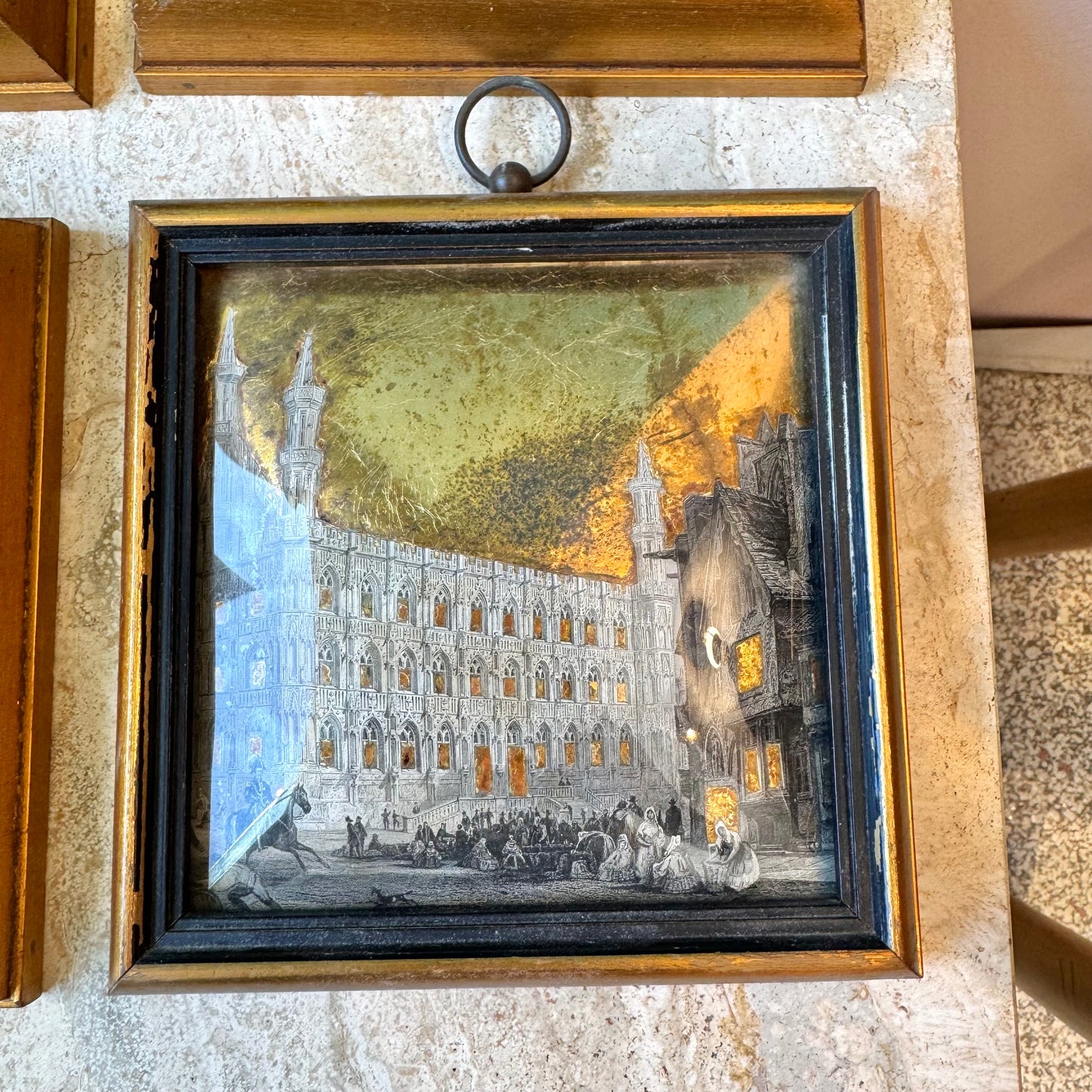 Set of 4 Antique Framed Sungott Decoupage Gold Leaf Convex Glass Artworks