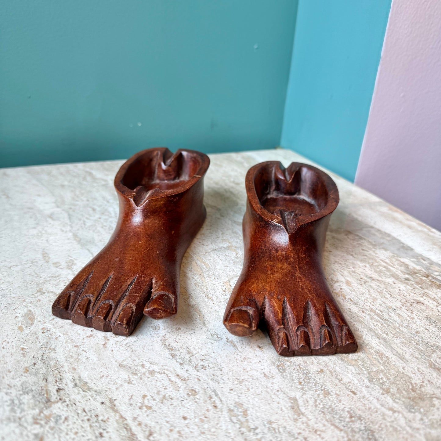 Pair of 1970’s Hand Carved Wooden Feet Ashtrays