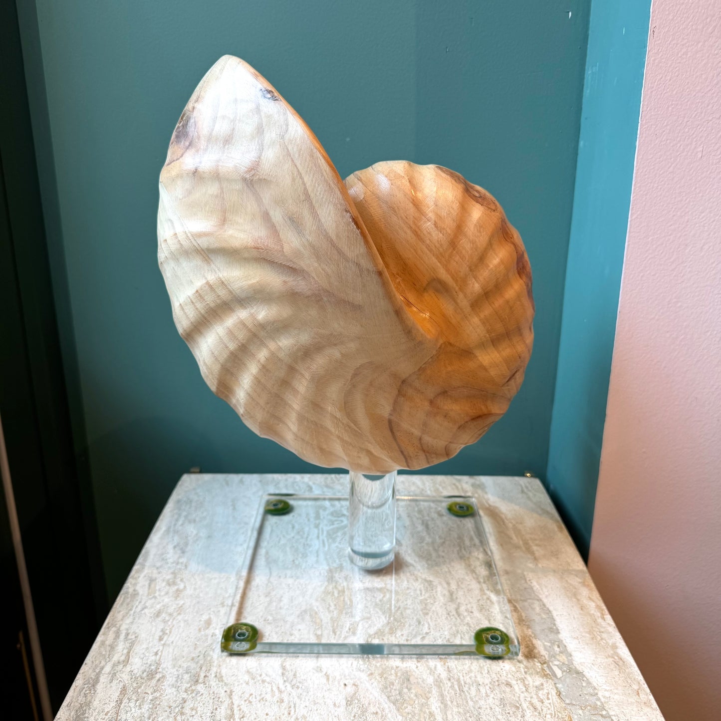 Vintage Carved Wooden Nautilus Shell on Lucite Stand