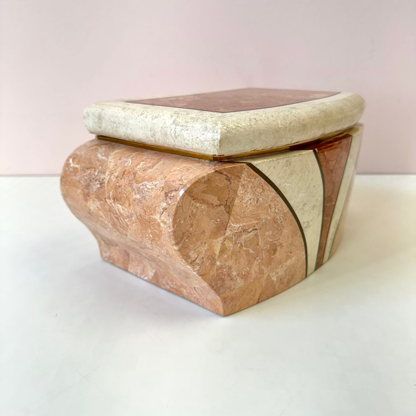 Vintage Maitland Smith Style Pink and Cream Tessellated Stone Box