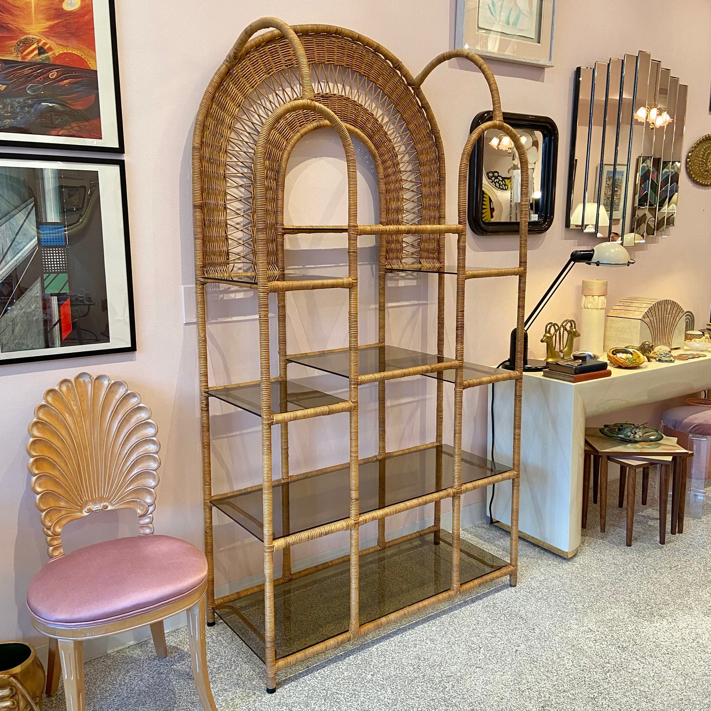 Vintage Wicker Rattan Etagere with Smoked Glass
