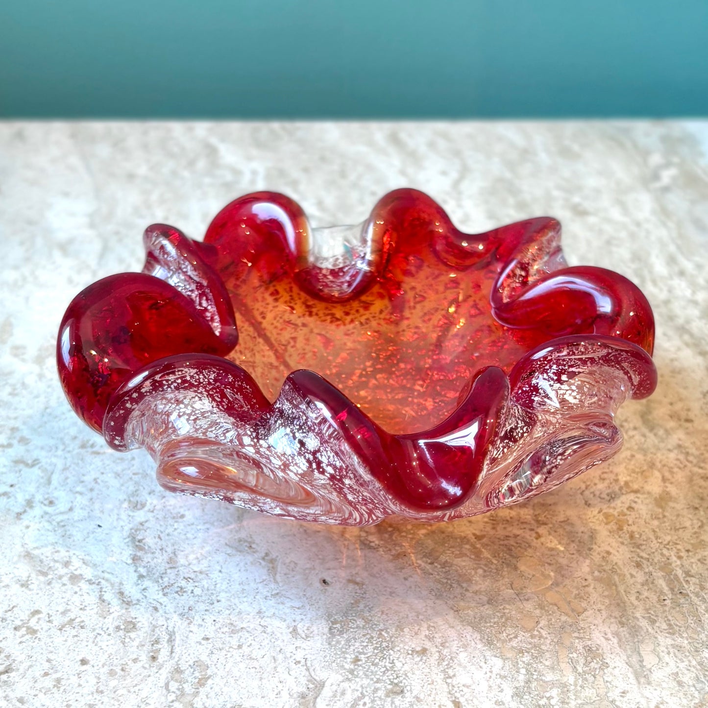 Vintage Red and Silver Leaf Murano Glass Bowl