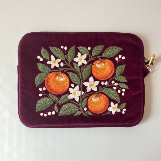 Burgundy Velvet Embroidered Everything Pouch - Oranges