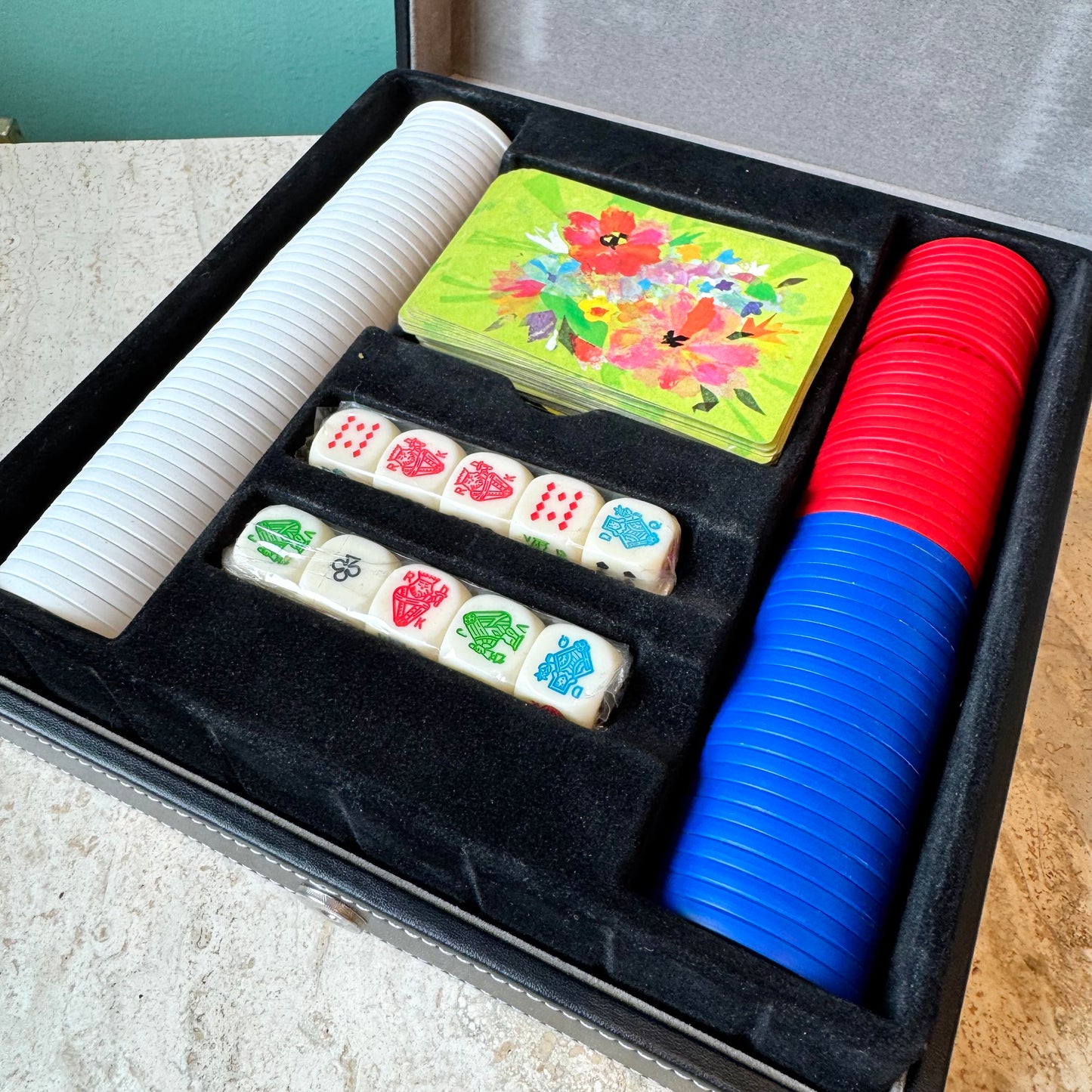Vintage Black Faux Leather Poker Playing Card Box Set