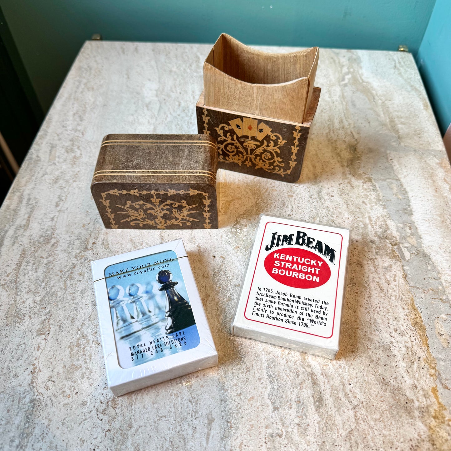 Antique Wooden Playing Card Box with Cards