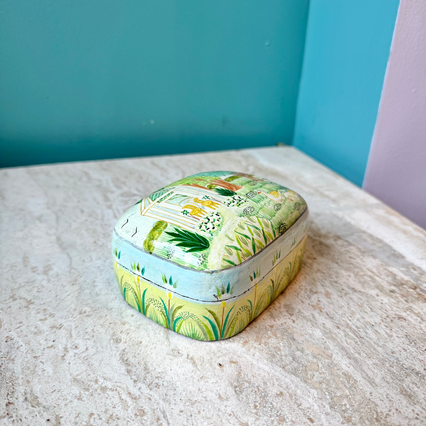 Vintage Papier Mache Garden Scene Trinket Box