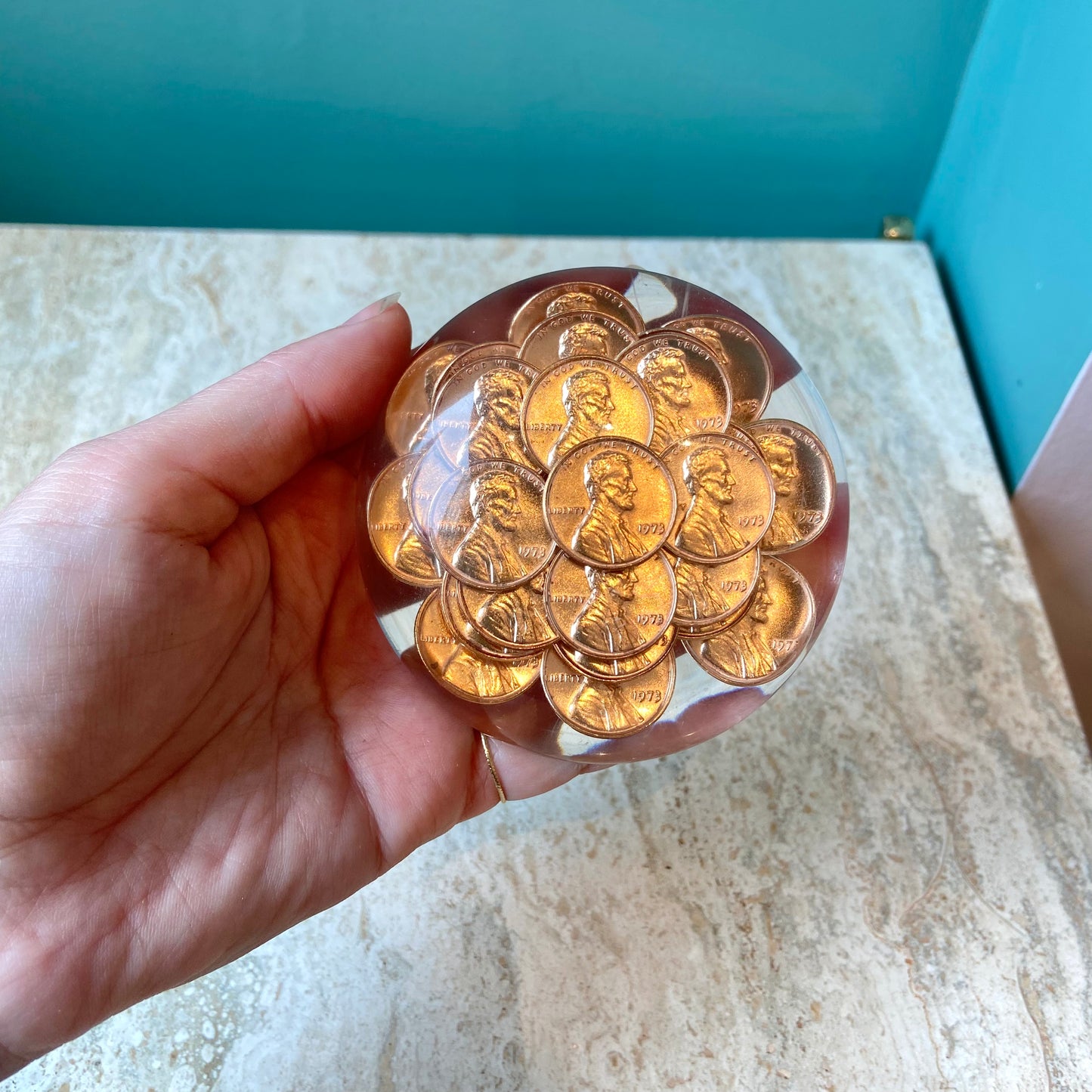 Vintage Lucite 1973 Penny Dome Paperweight