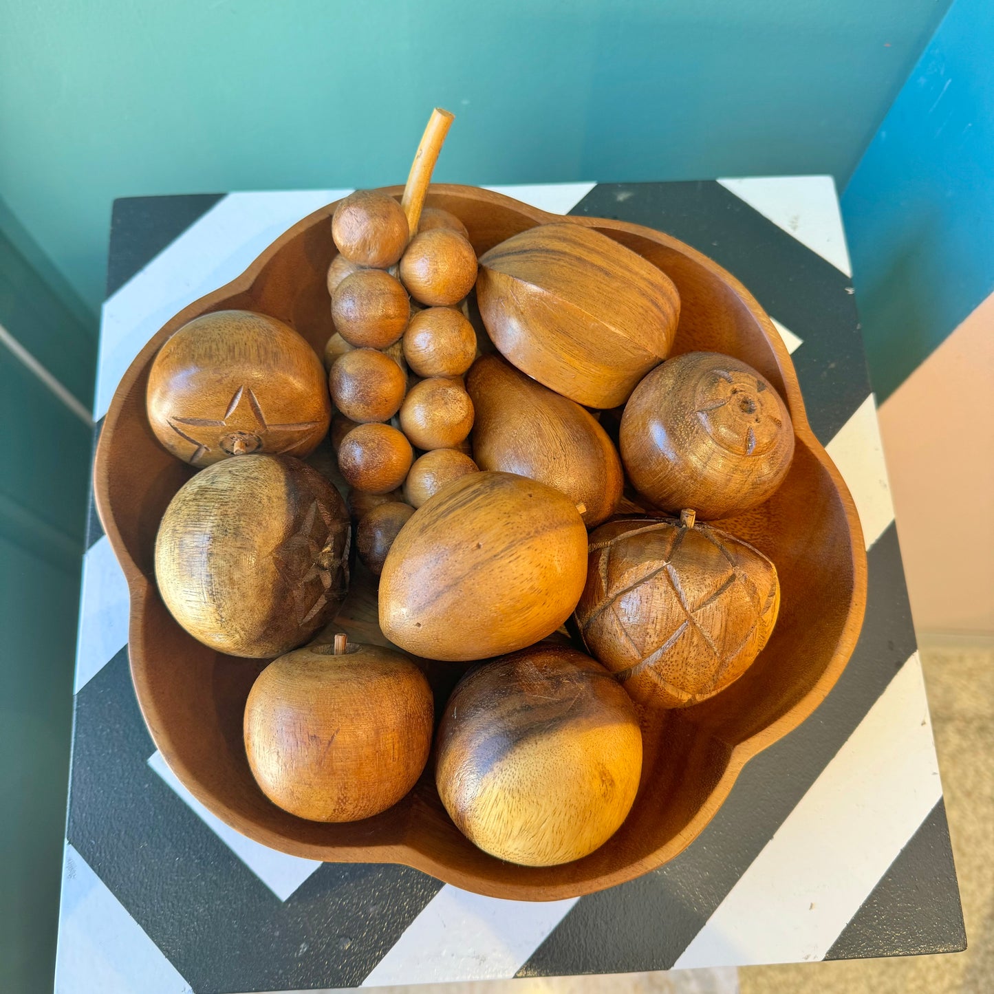 Mid Century Carved Monkey Pod Wooden Fruit and Bowl