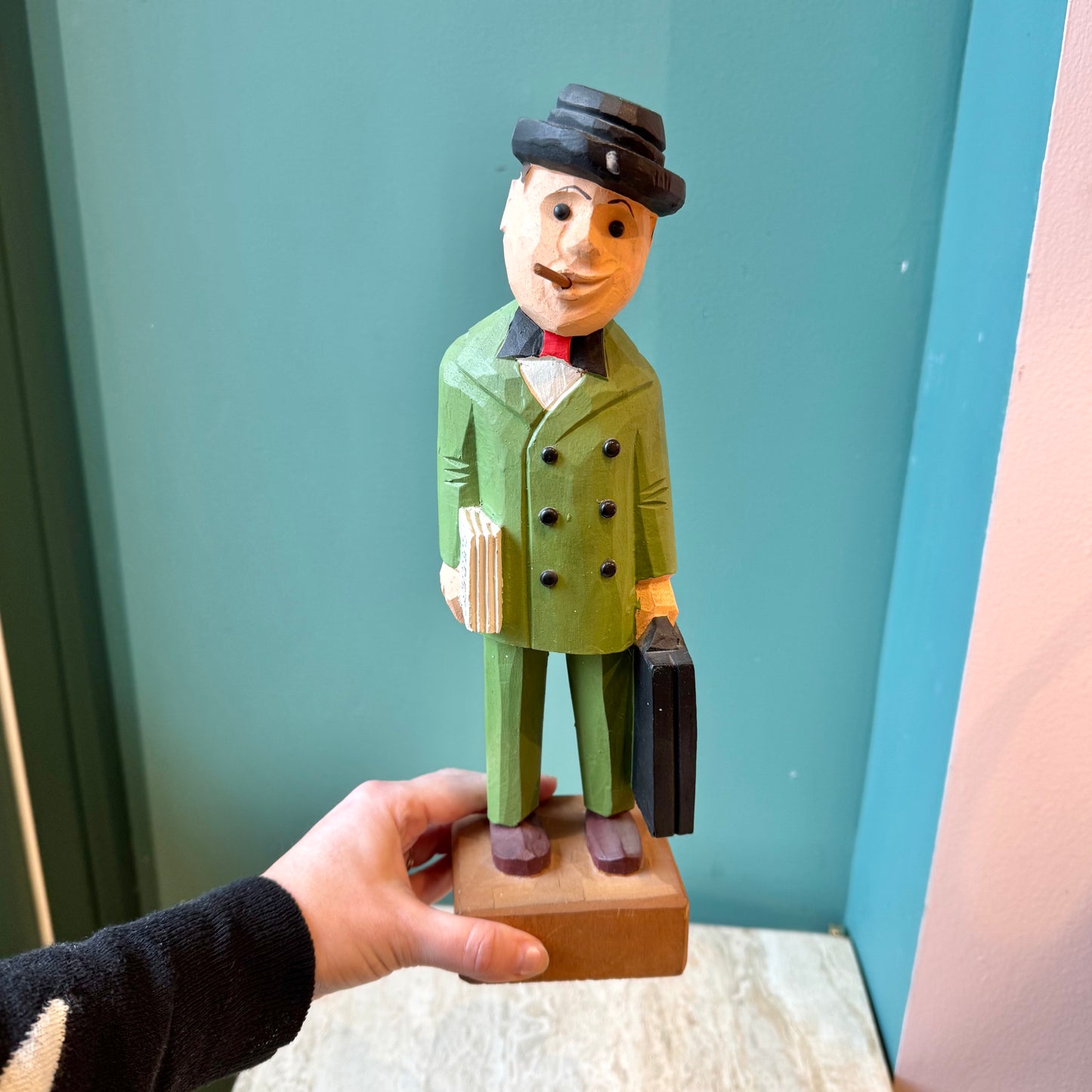 Vintage Hand Carved Wooden Salesman Statue