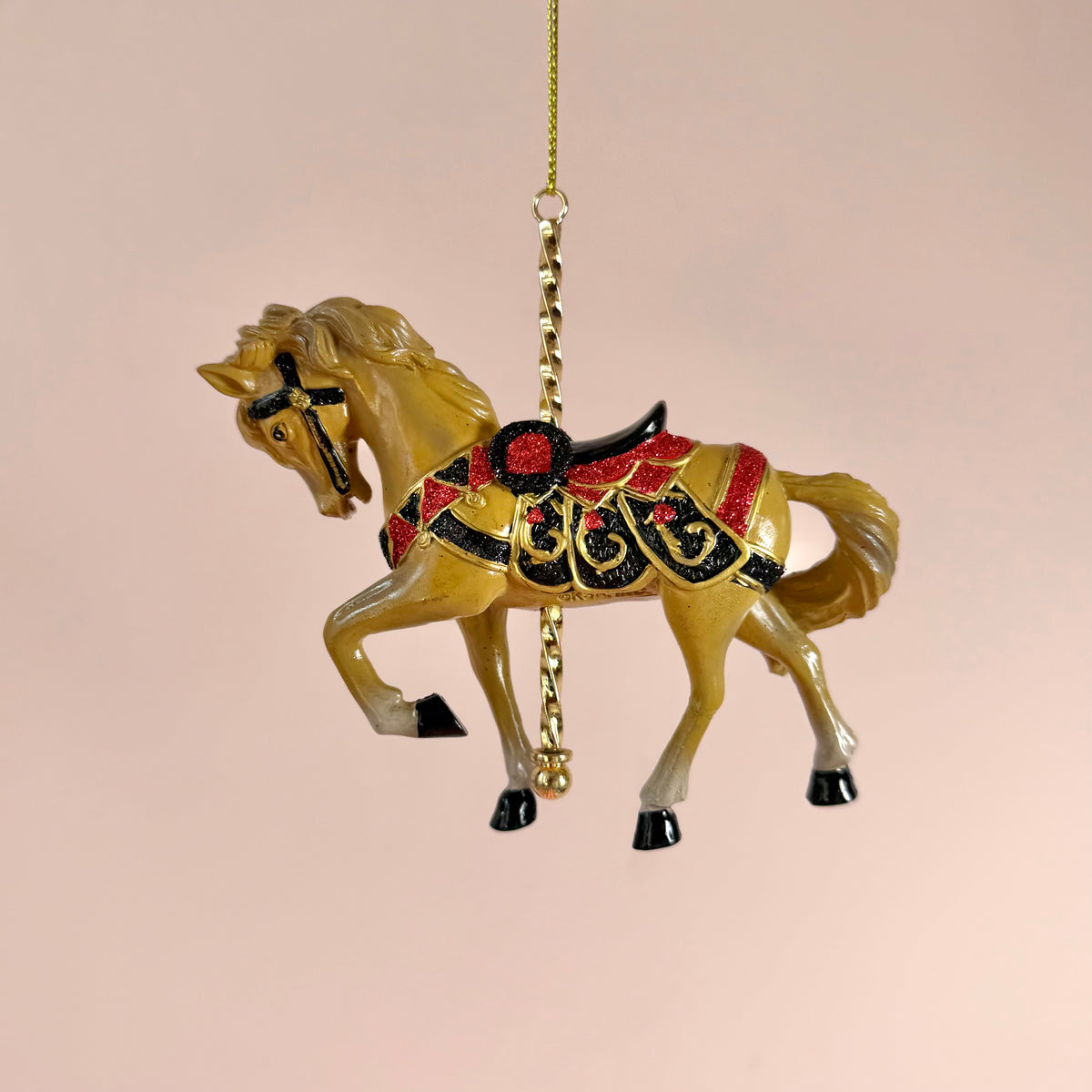 Resin Tan, Red and Black Carousel Horse Ornament