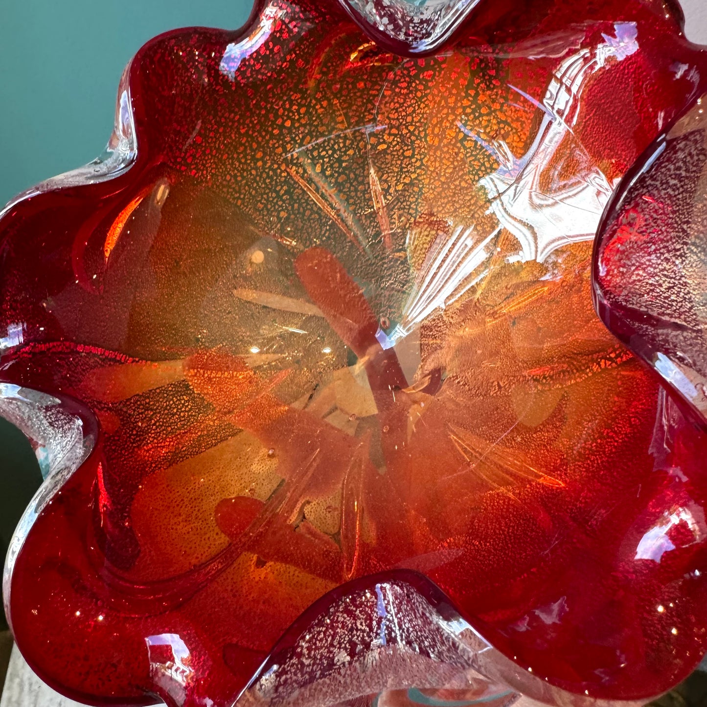Vintage Red and Silver Leaf Murano Glass Bowl
