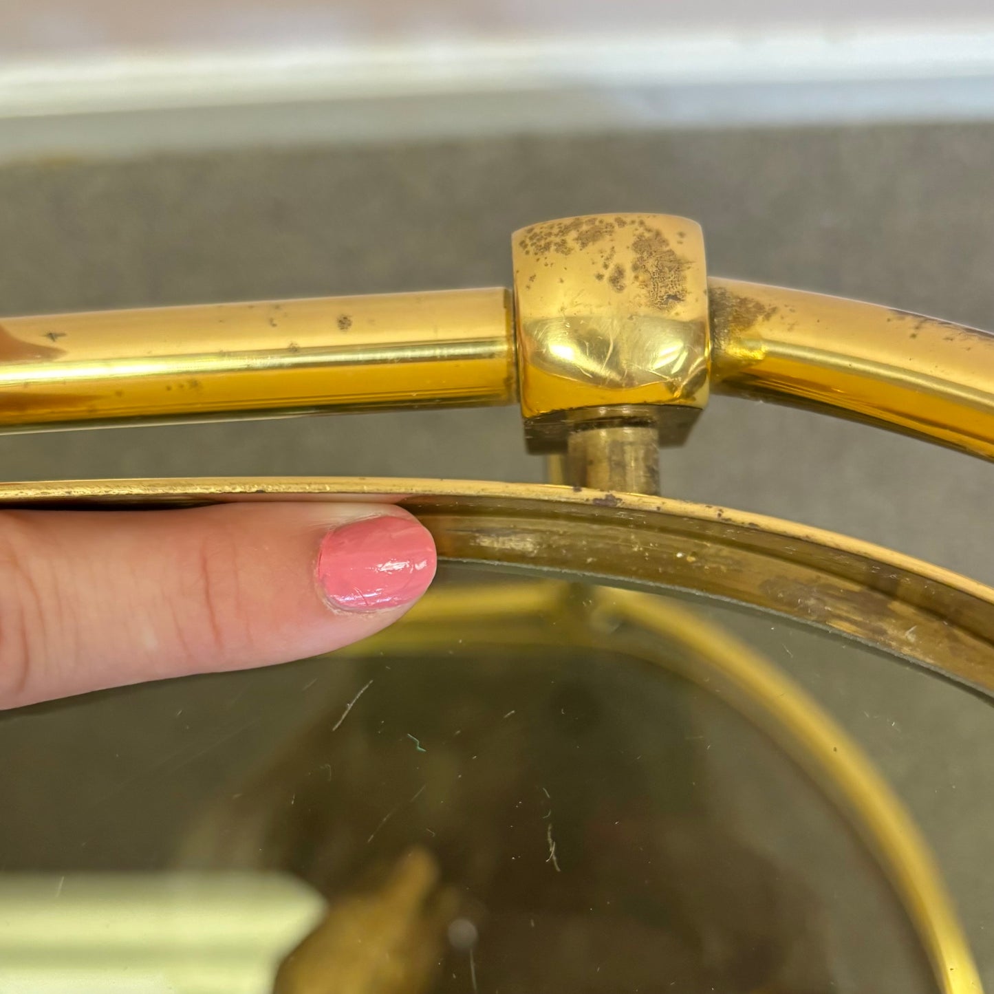 Vintage Oval Brass and Smoked Glass Rolling Bar Cart
