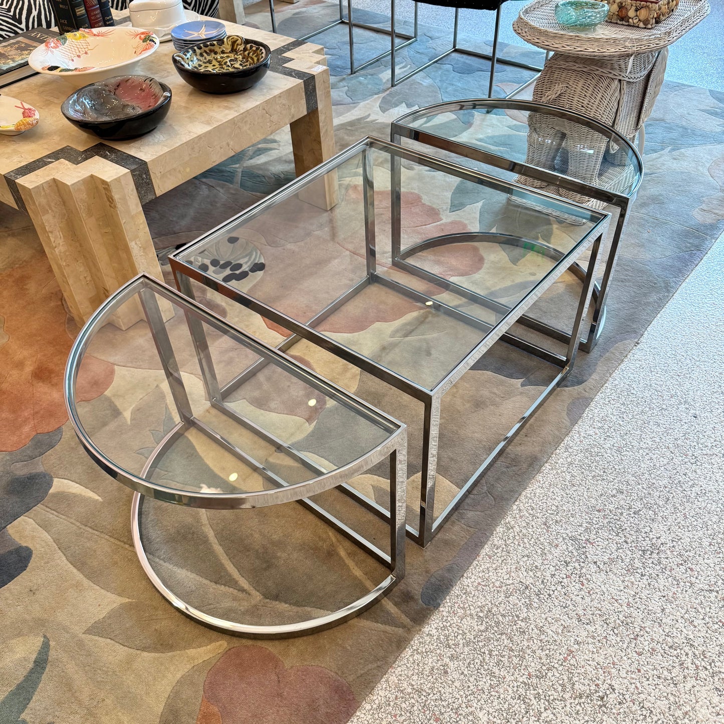 Vintage Three Piece Chrome and Glass Coffee Table