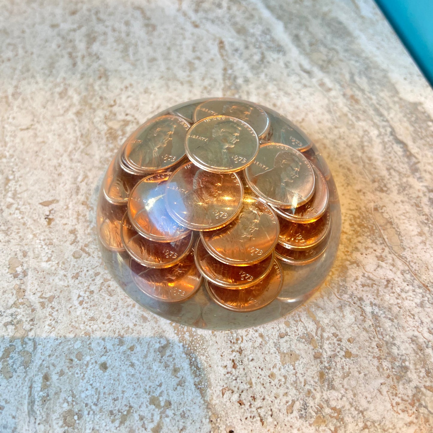 Vintage Lucite 1973 Penny Paperweight