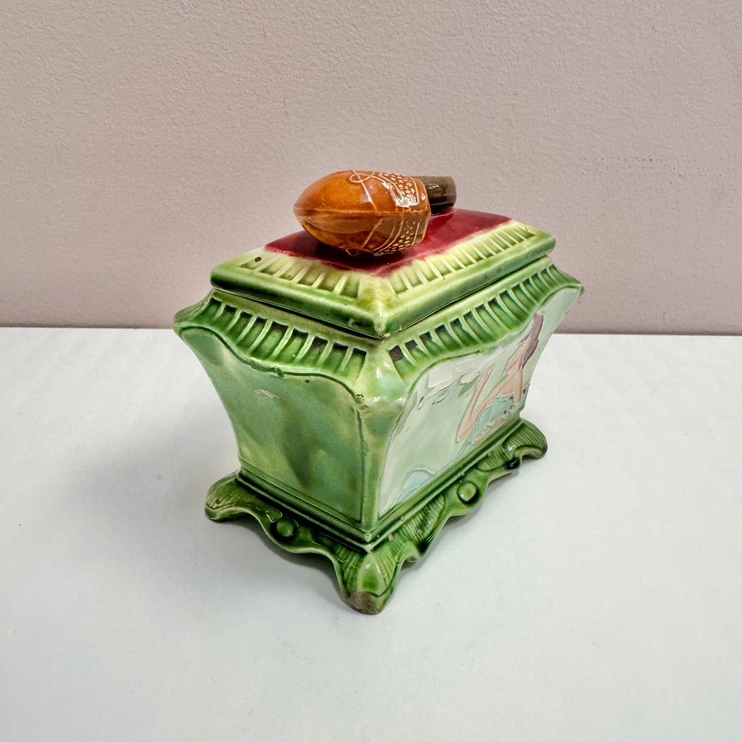 Antique Art Deco Smoking Lady Majolica Pipe Lidded Box