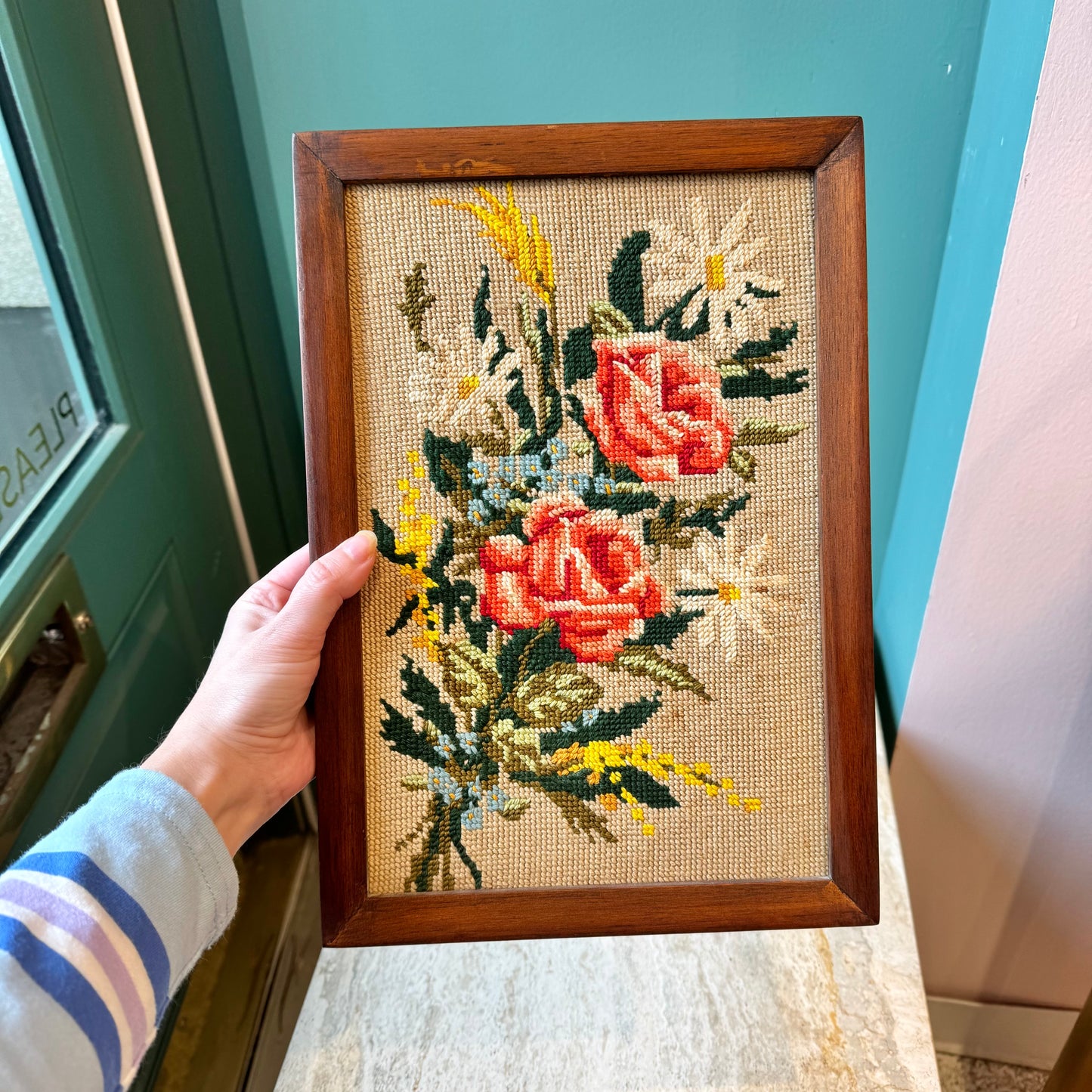 Vintage Framed Flower Needlepoint Artwork
