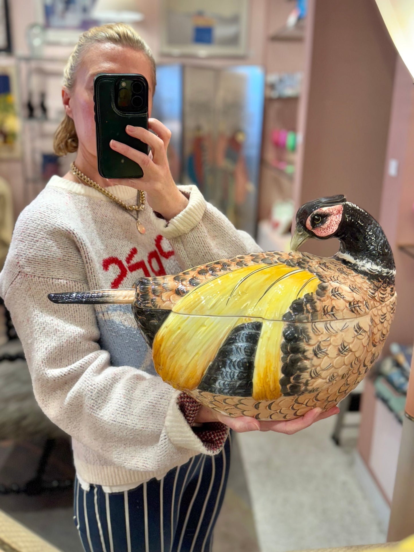 Vintage Italian Ceramic Pheasant Tureen and Ladle