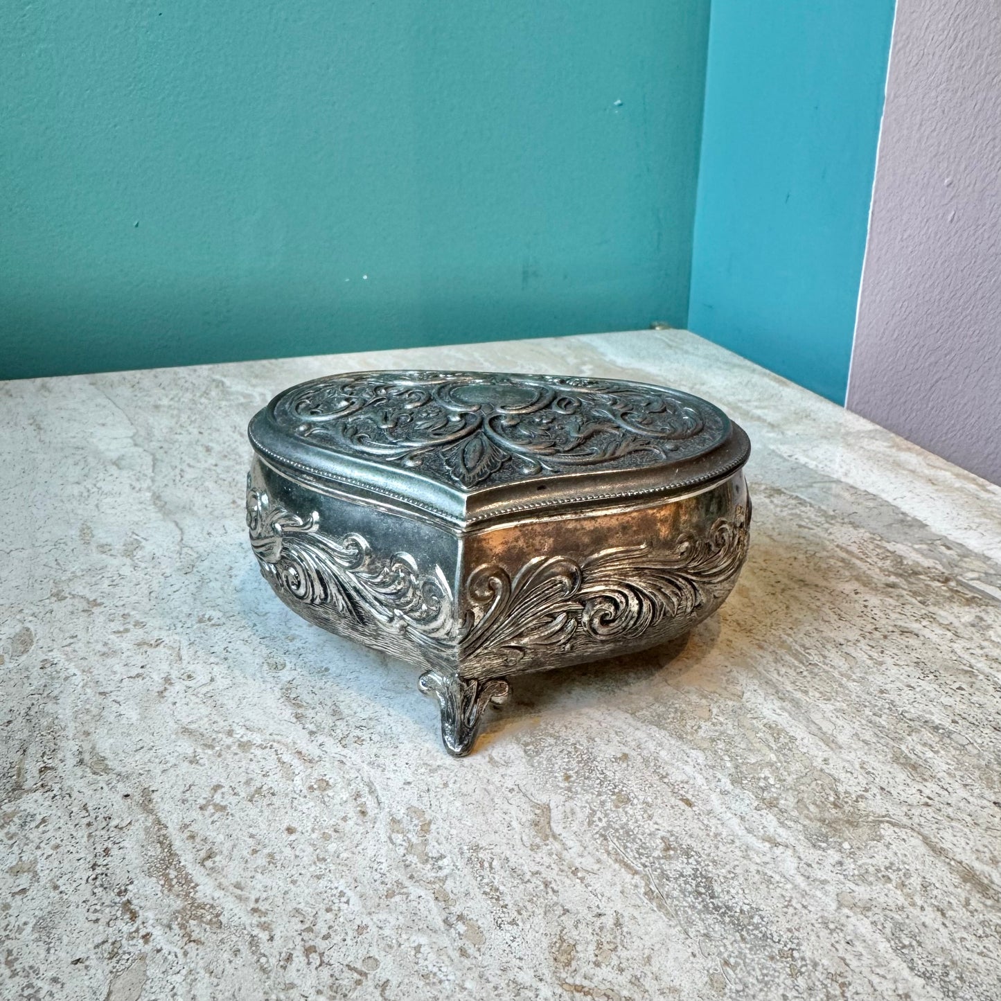 Vintage Silver Plated Footed Jewelry Box