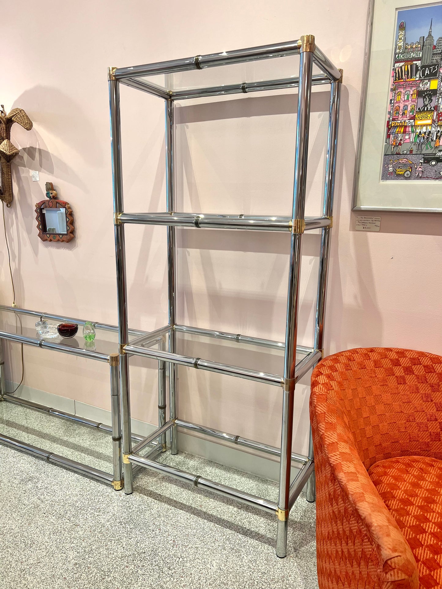 Vintage Chrome Etagere Shelf with Brass Bamboo Accents