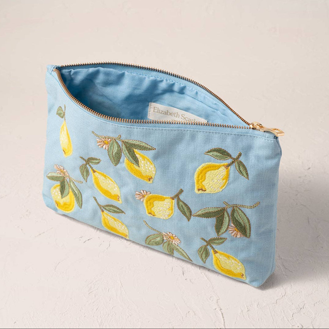 Sky Blue Linen Cotton Lemon Blossom Everyday Pouch by Elizabeth Scarlett