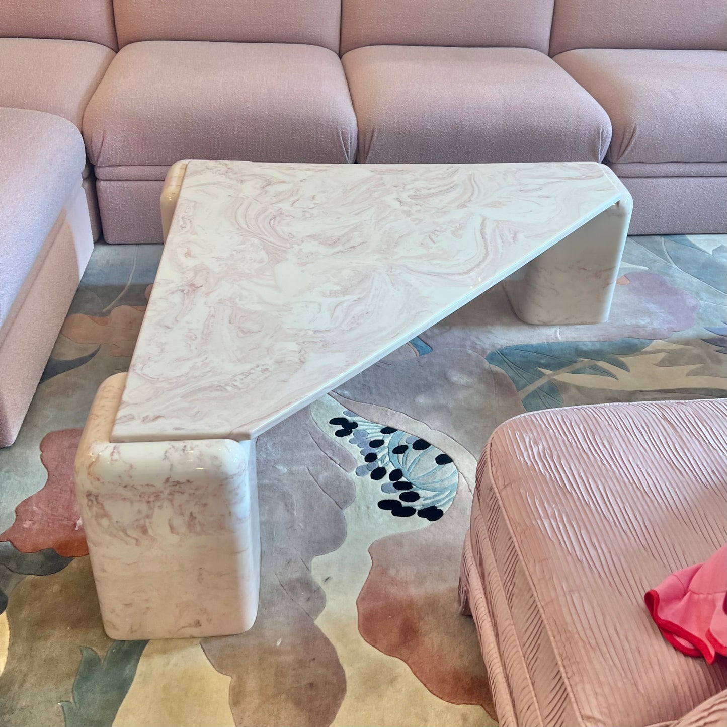 1980’s Triangular Postmodern Pink Marble Resin Coffee Table