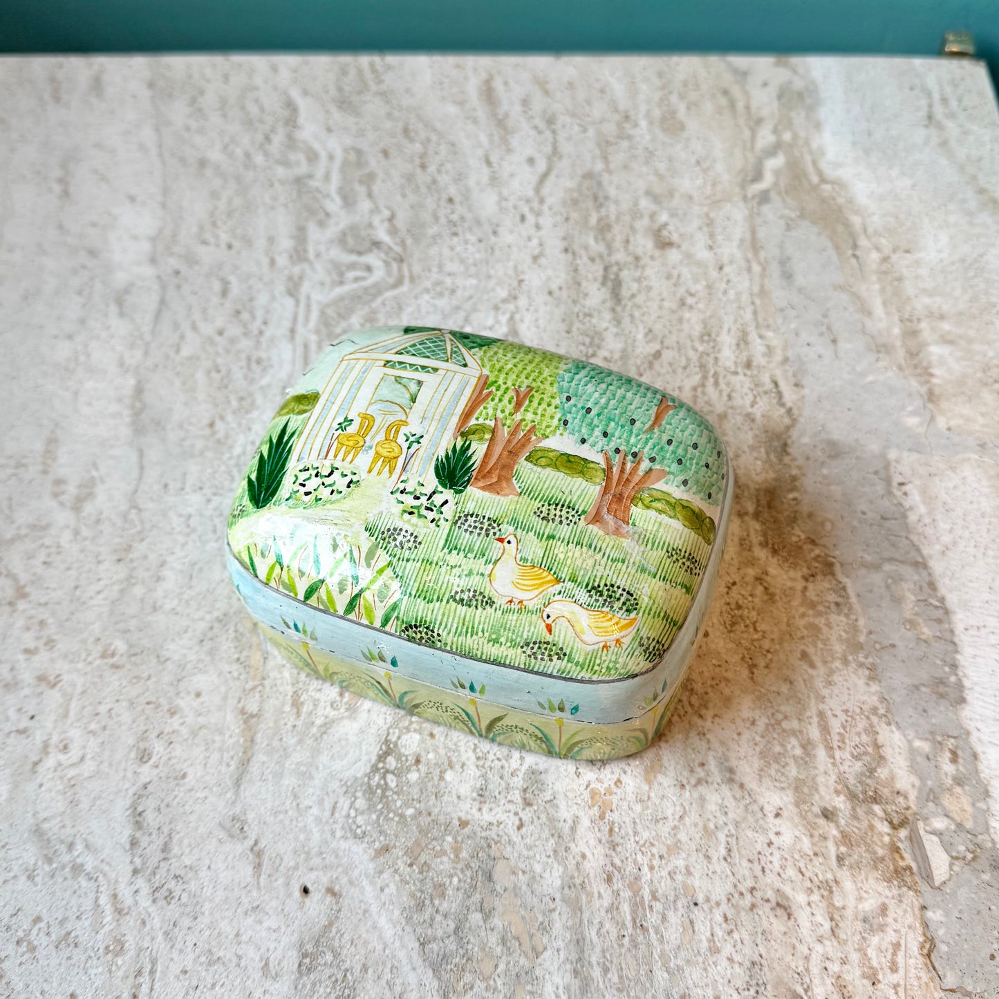Vintage Papier Mache Garden Scene Trinket Box