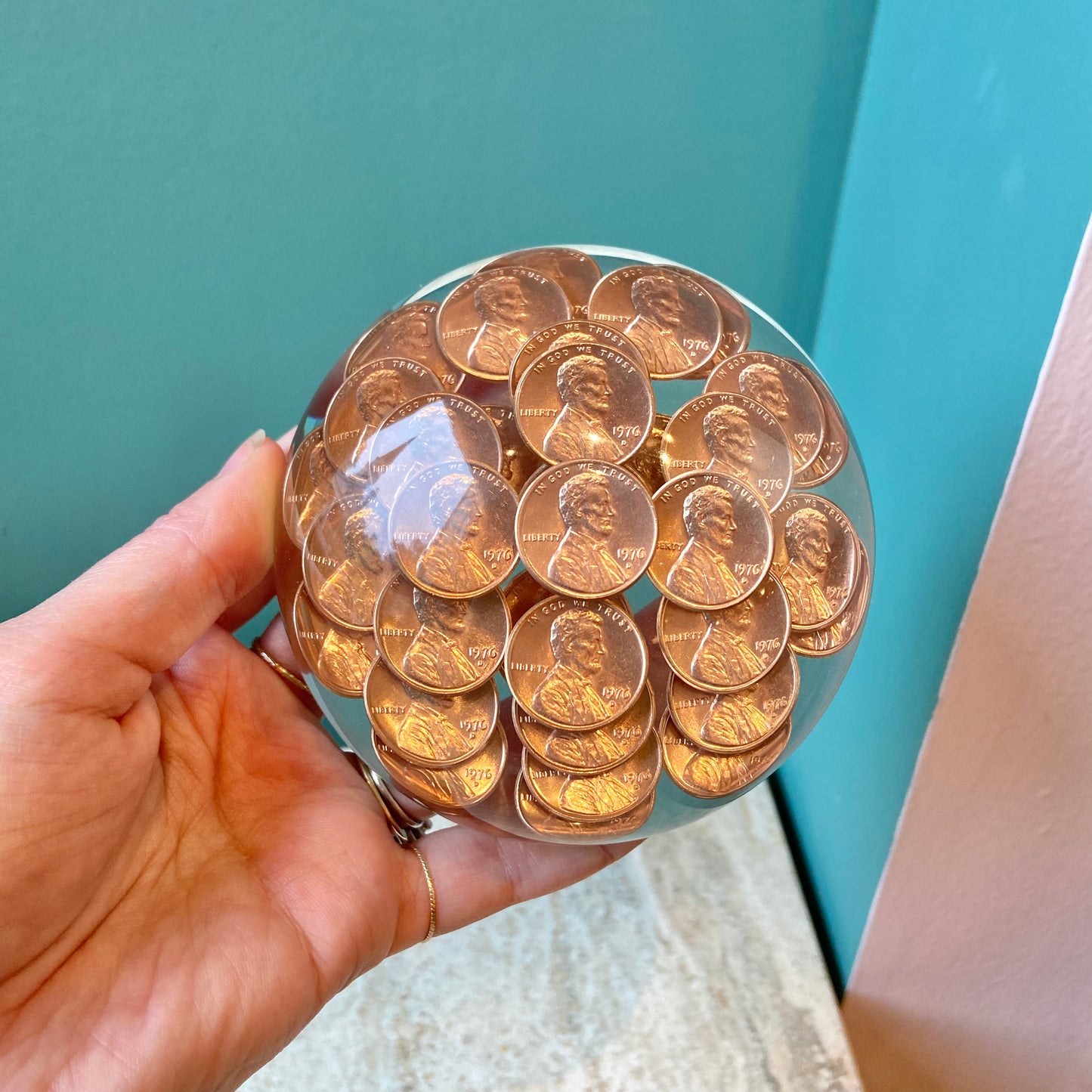 Vintage Lucite 1976 Penny Dome Paperweight