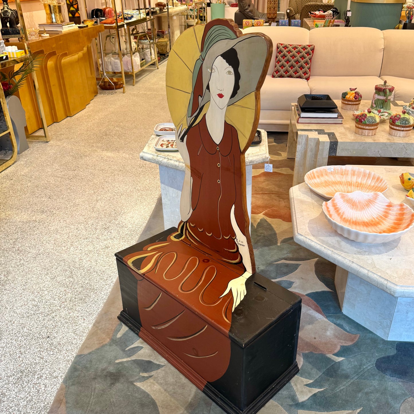 Vintage 1980's Art Deco Lady Wooden Bench Chest