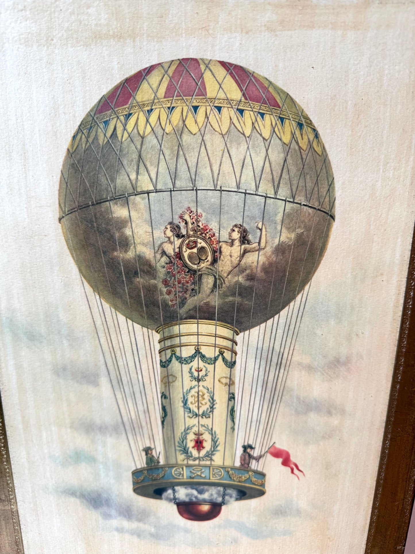 Vintage Italian Hot Air Balloon Artwork with Gold Gilded Border