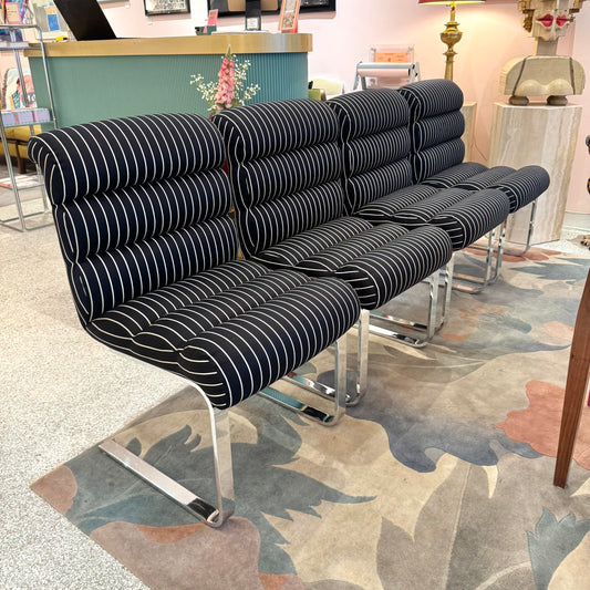 Set of Four 1970's Pace Collection Mariani Lugano Cantilever Dining Chairs in Black/White Stripe