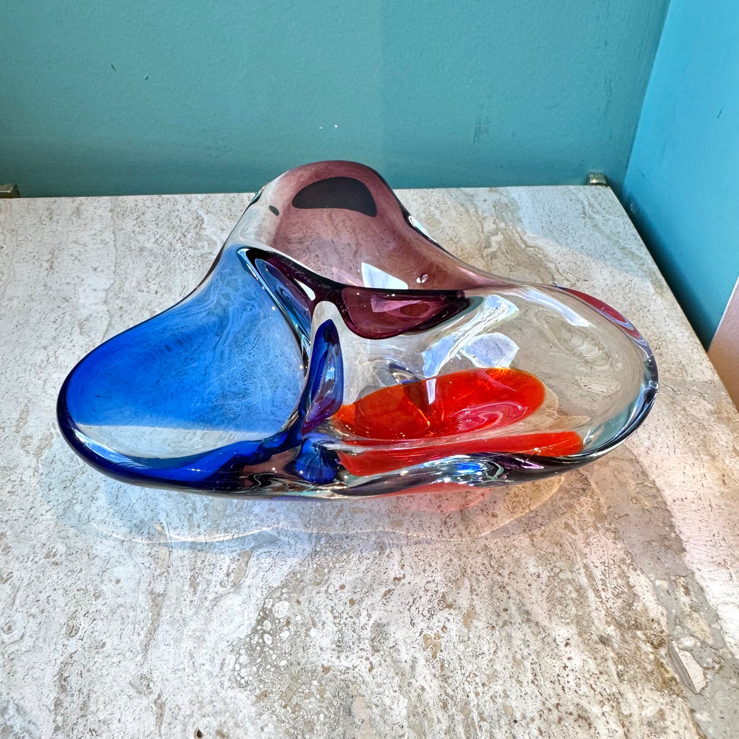 Vintage Hand Blown Three Compartment Art Glass Bowl