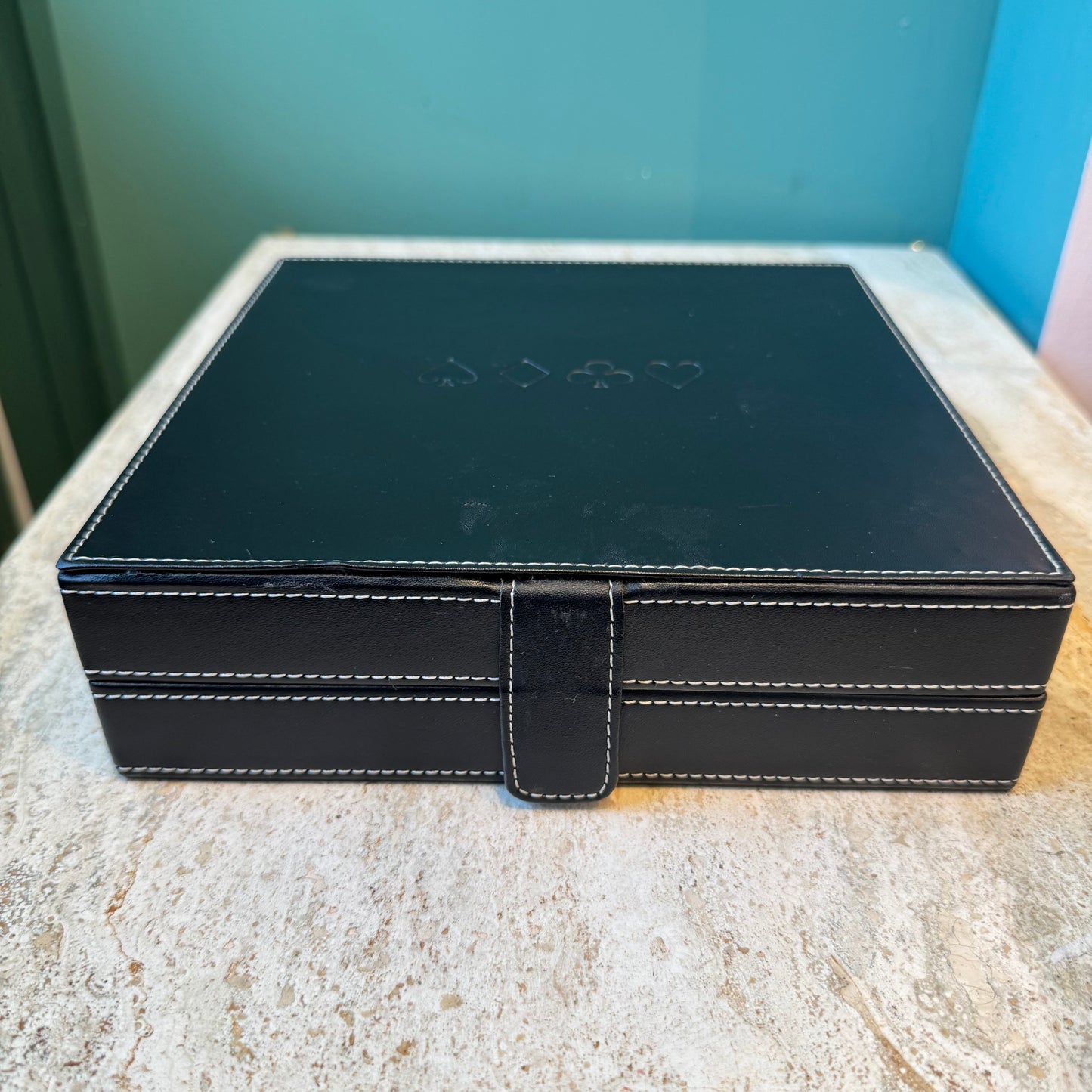 Vintage Black Faux Leather Poker Playing Card Box Set