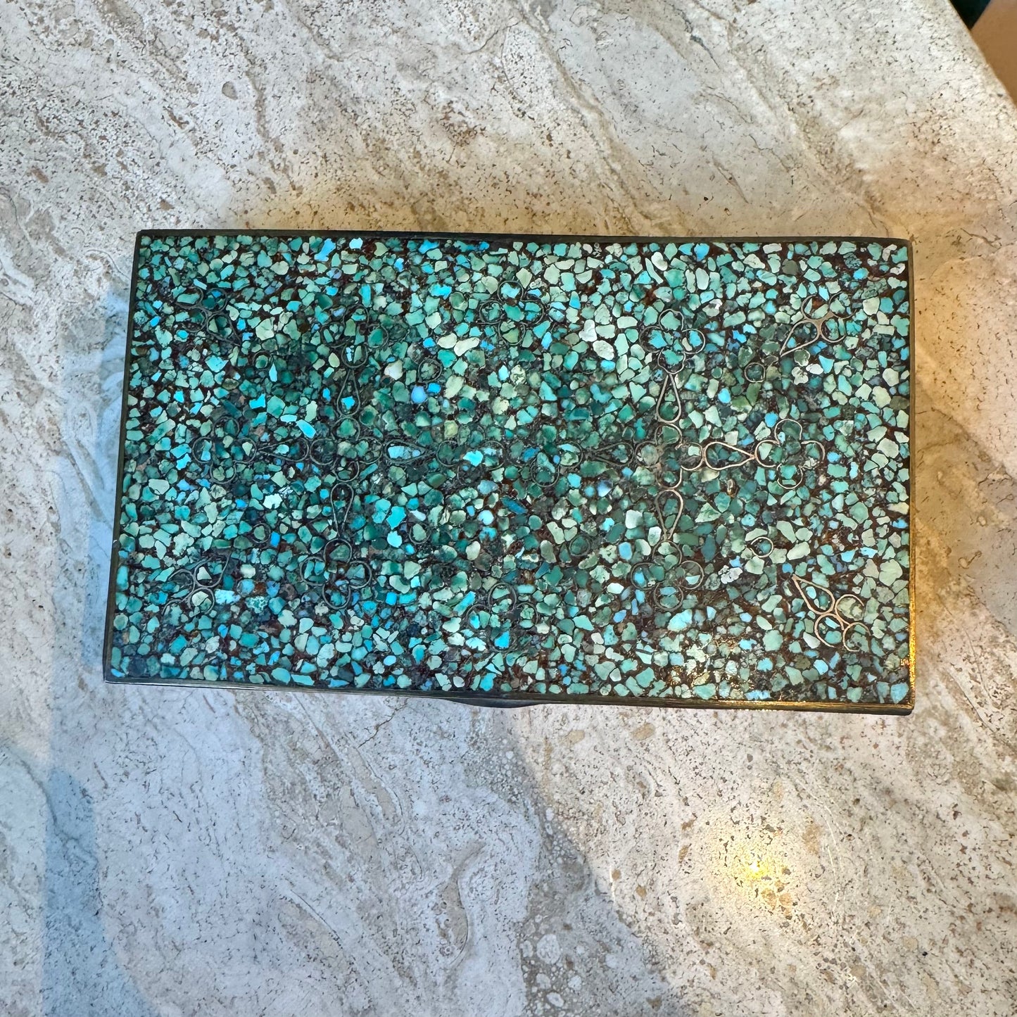 Antique Brass Box with Mosaic Turquoise Stone Design