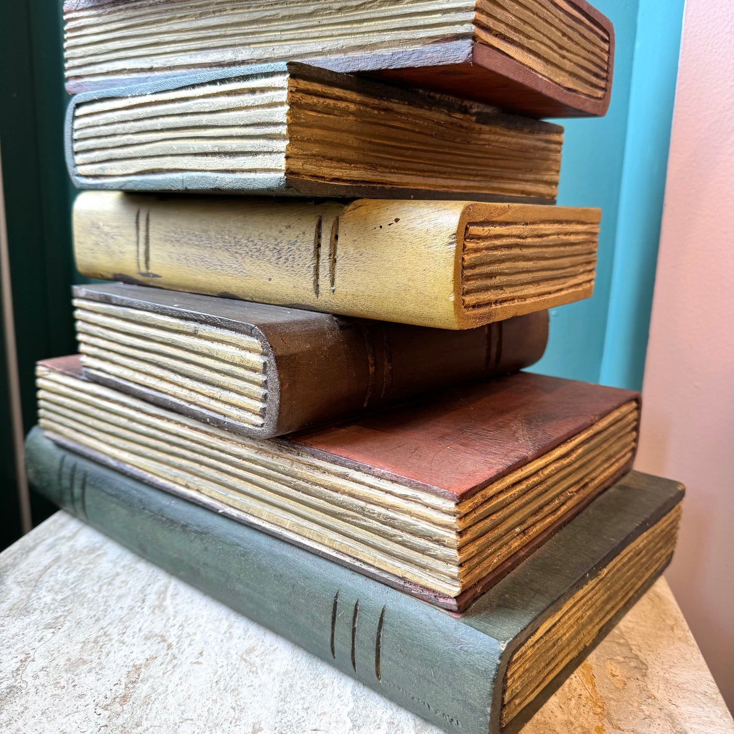 Vintage Maitland Smith Style Wooden Stacked Books Side Table
