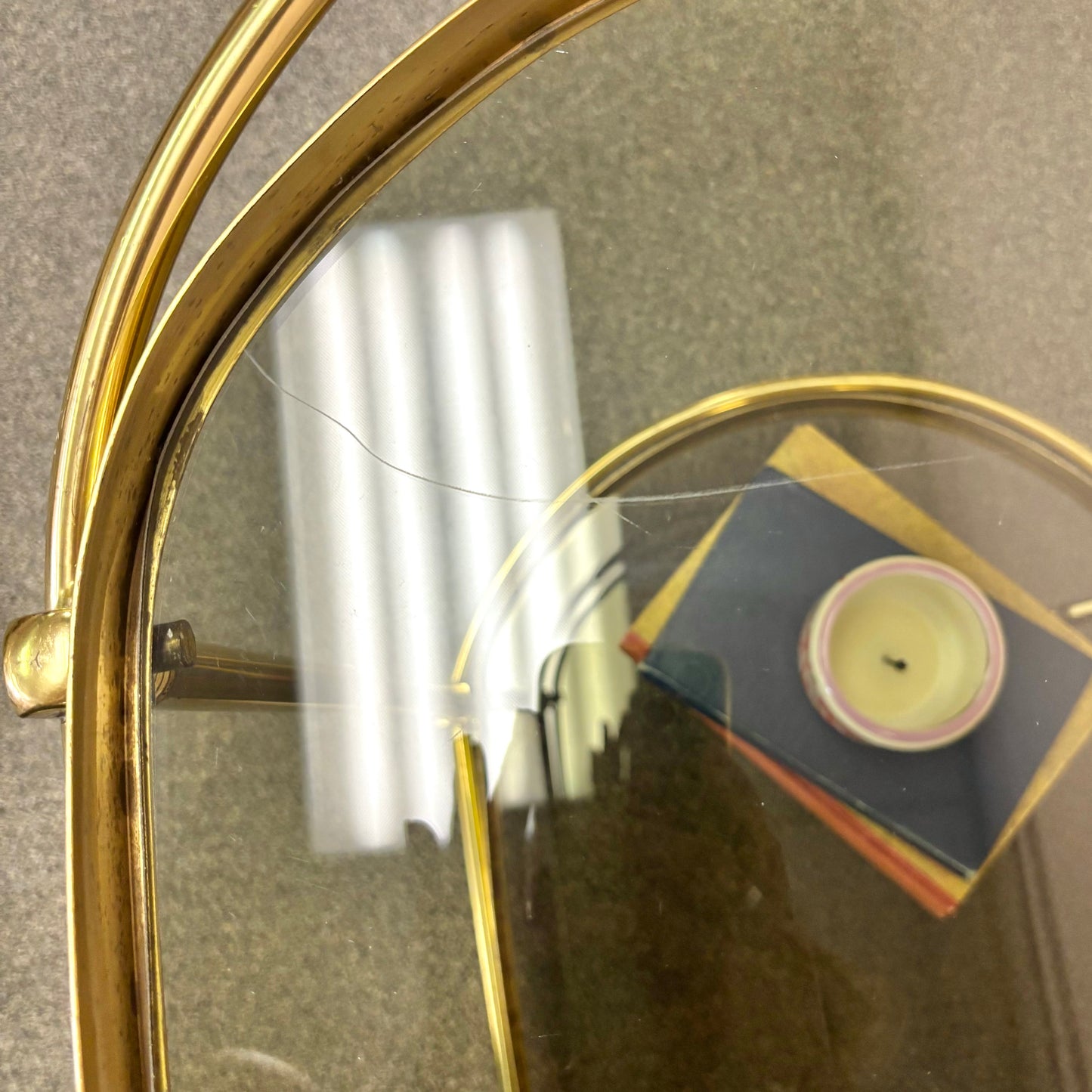 Vintage Oval Brass and Smoked Glass Rolling Bar Cart