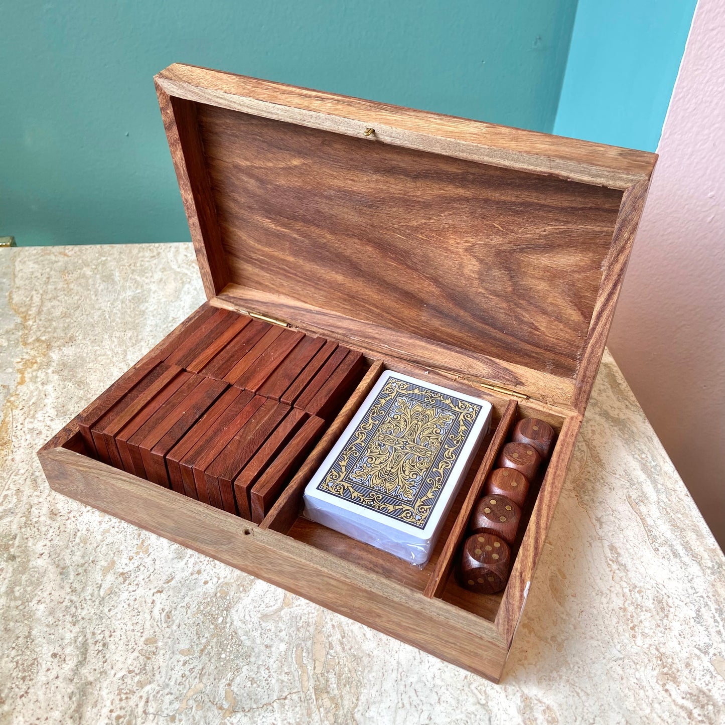 Wood and Brass Game box with Cards, Dice & Dominos