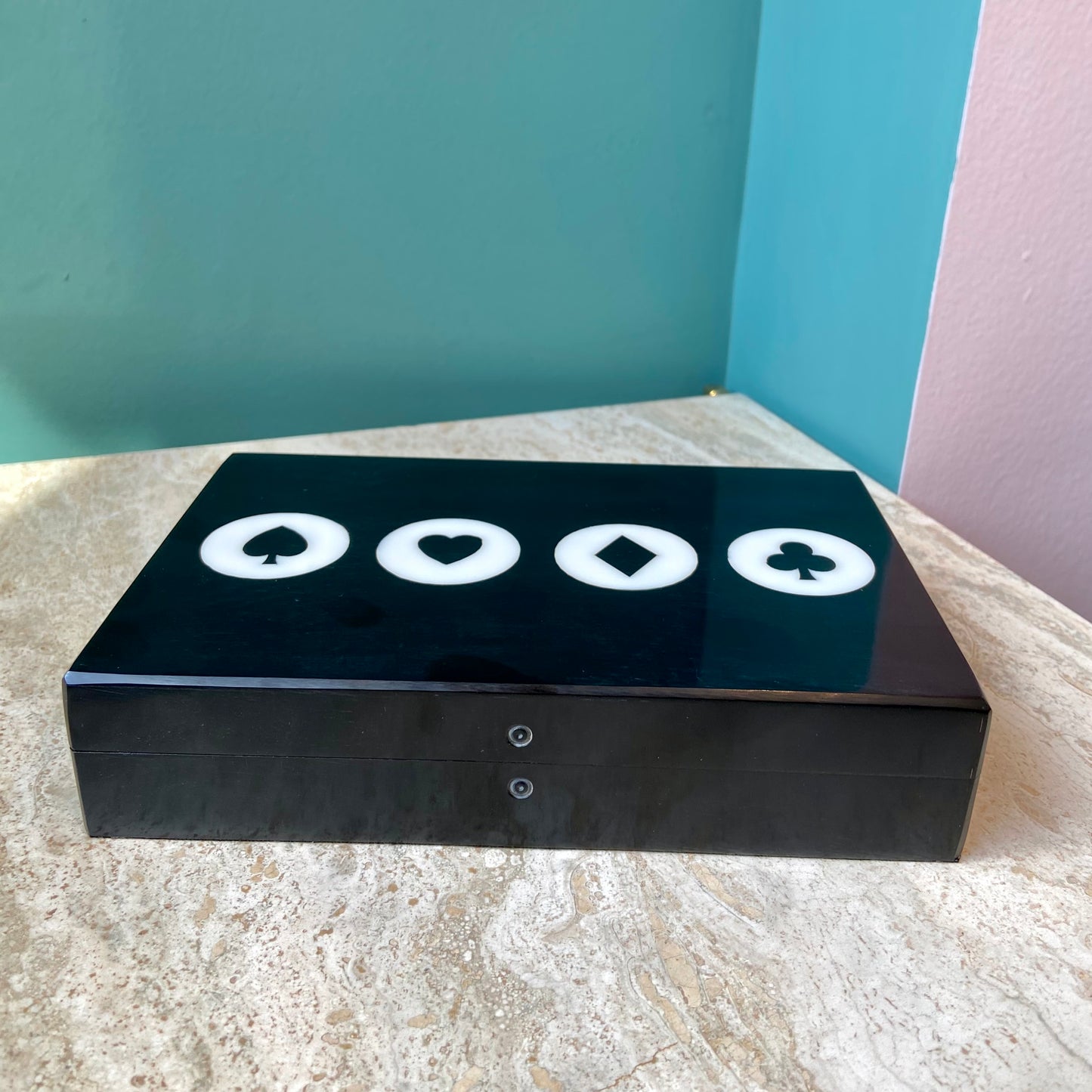 Black Resin Box with 2 Decks of Cards and 5 Dice