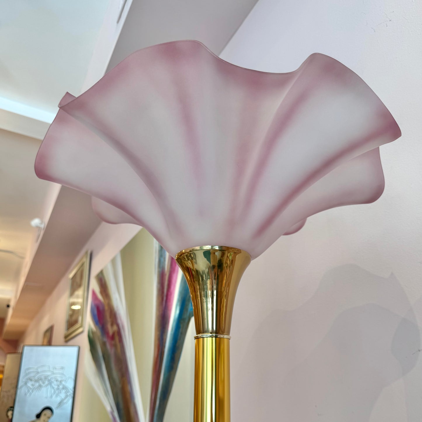 Vintage Pink Acrylic and Brass Flower Floor Lamp