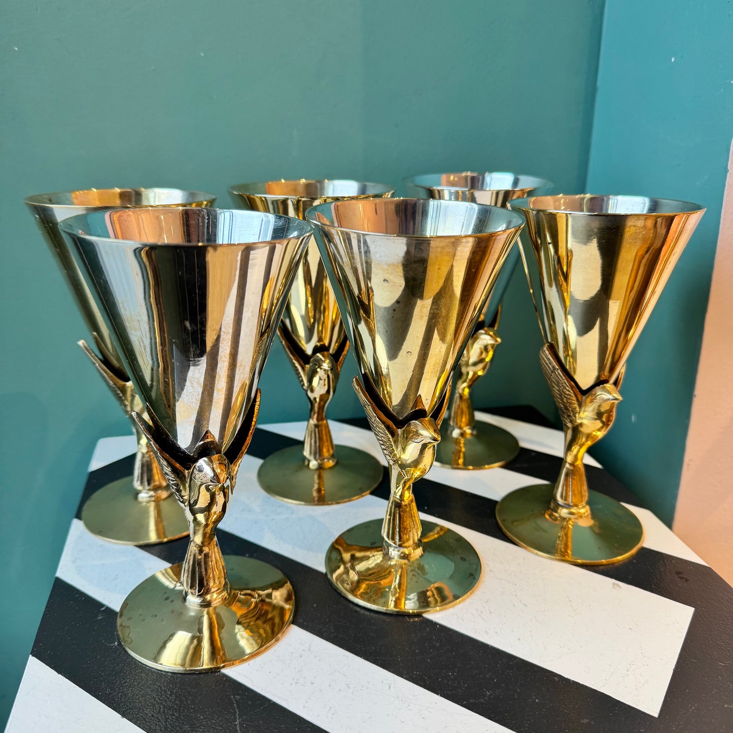 Set of 6 Vintage Silver Plated and Brass Dove Flute Glasses by Godinger