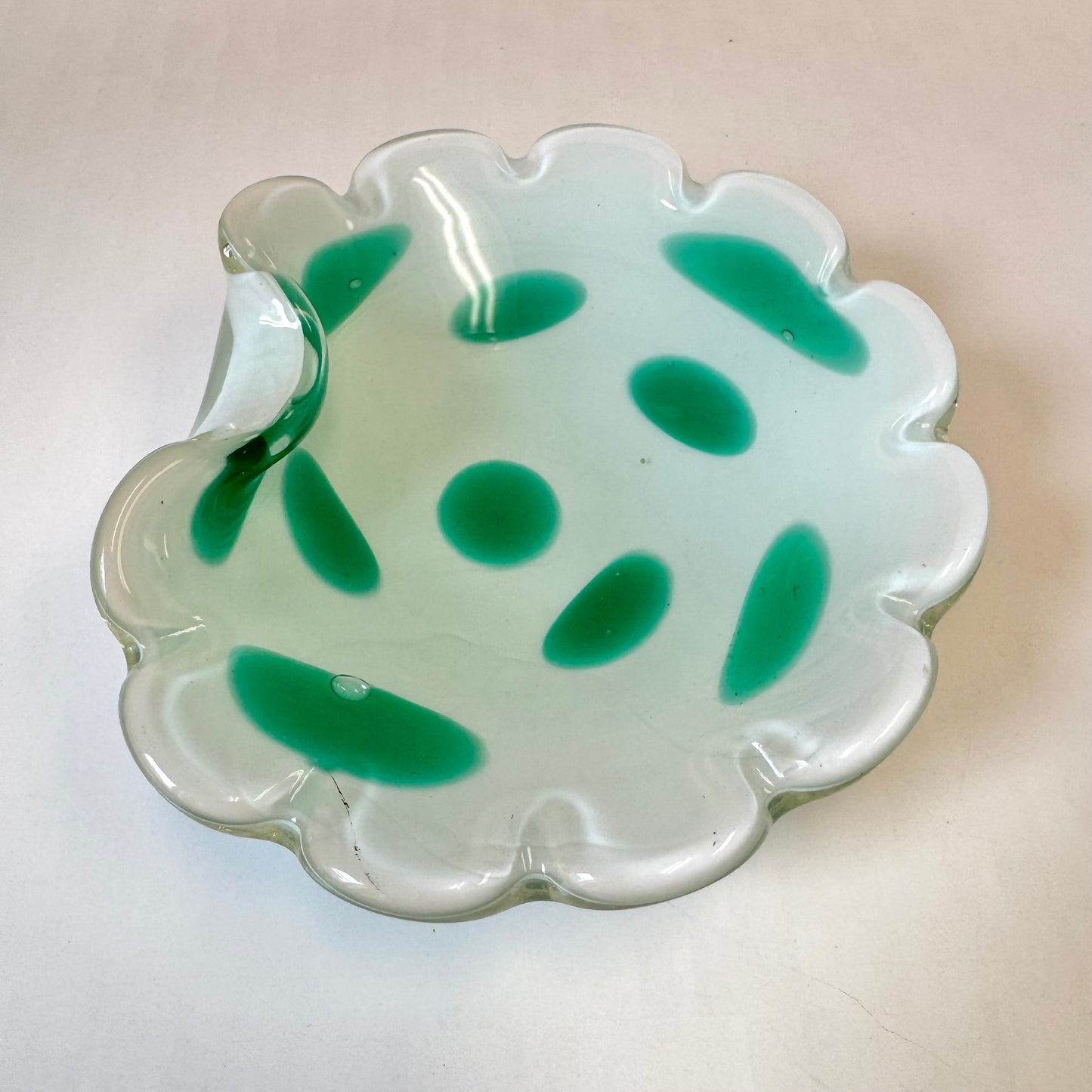 Vintage White and Green Murano Glass Scallop Edged Bowl