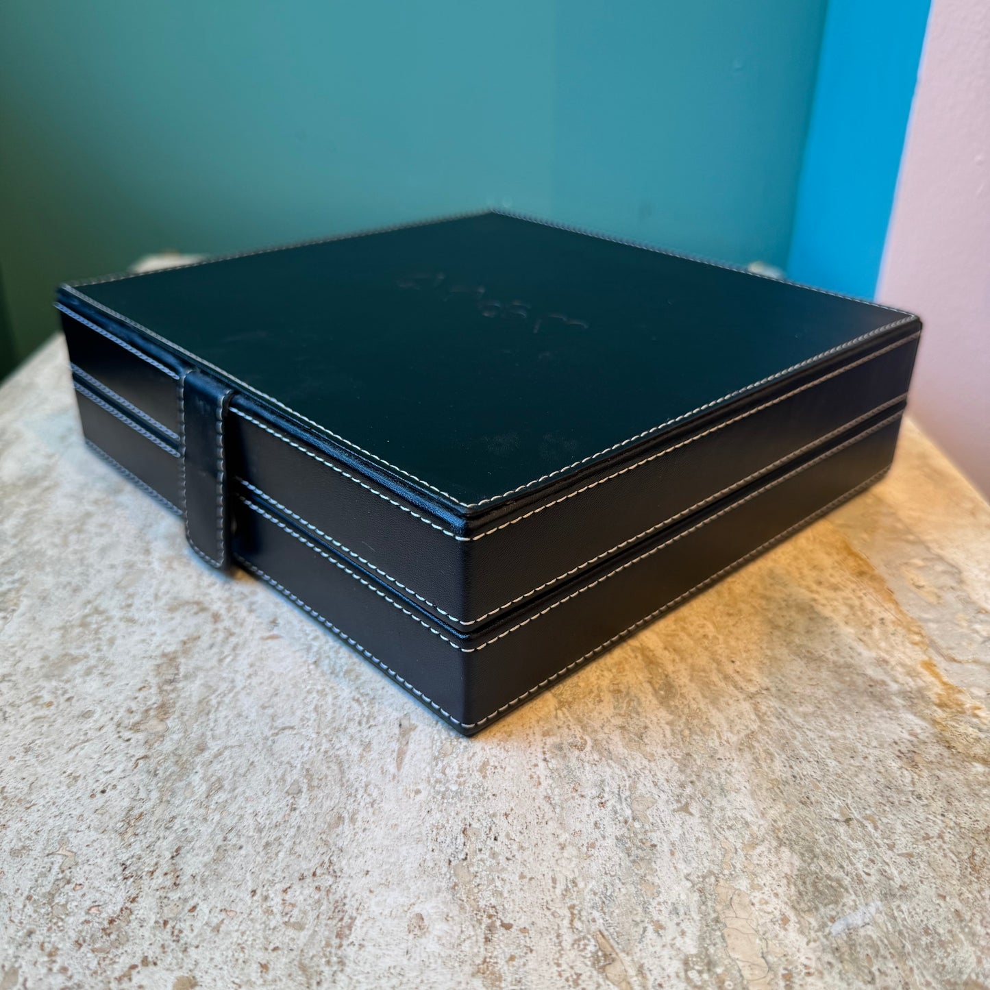 Vintage Black Faux Leather Poker Playing Card Box Set