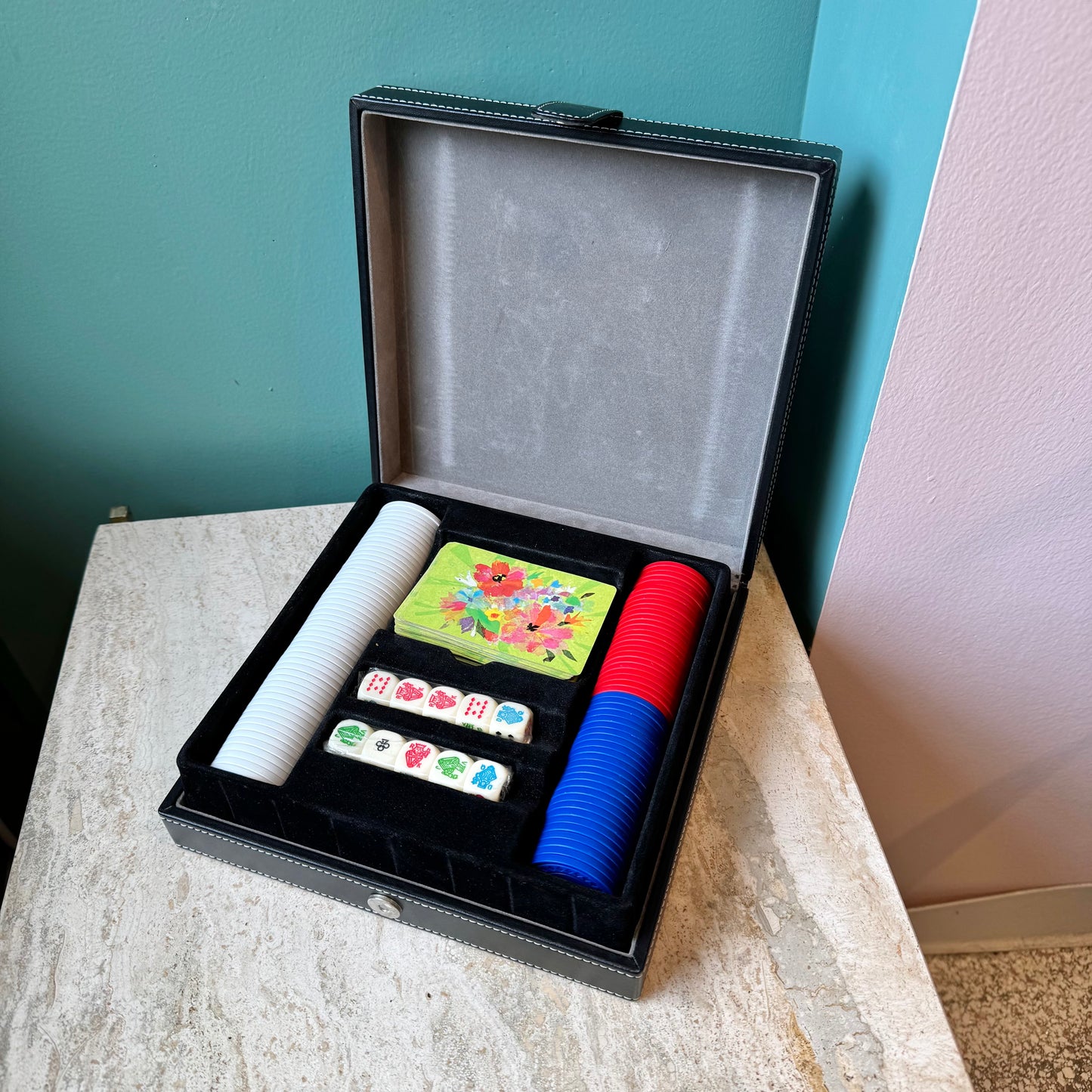 Vintage Black Faux Leather Poker Playing Card Box Set