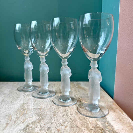 Vintage Set of 4 Bayel France Frosted Crystal Napoleon Cordial Glasses