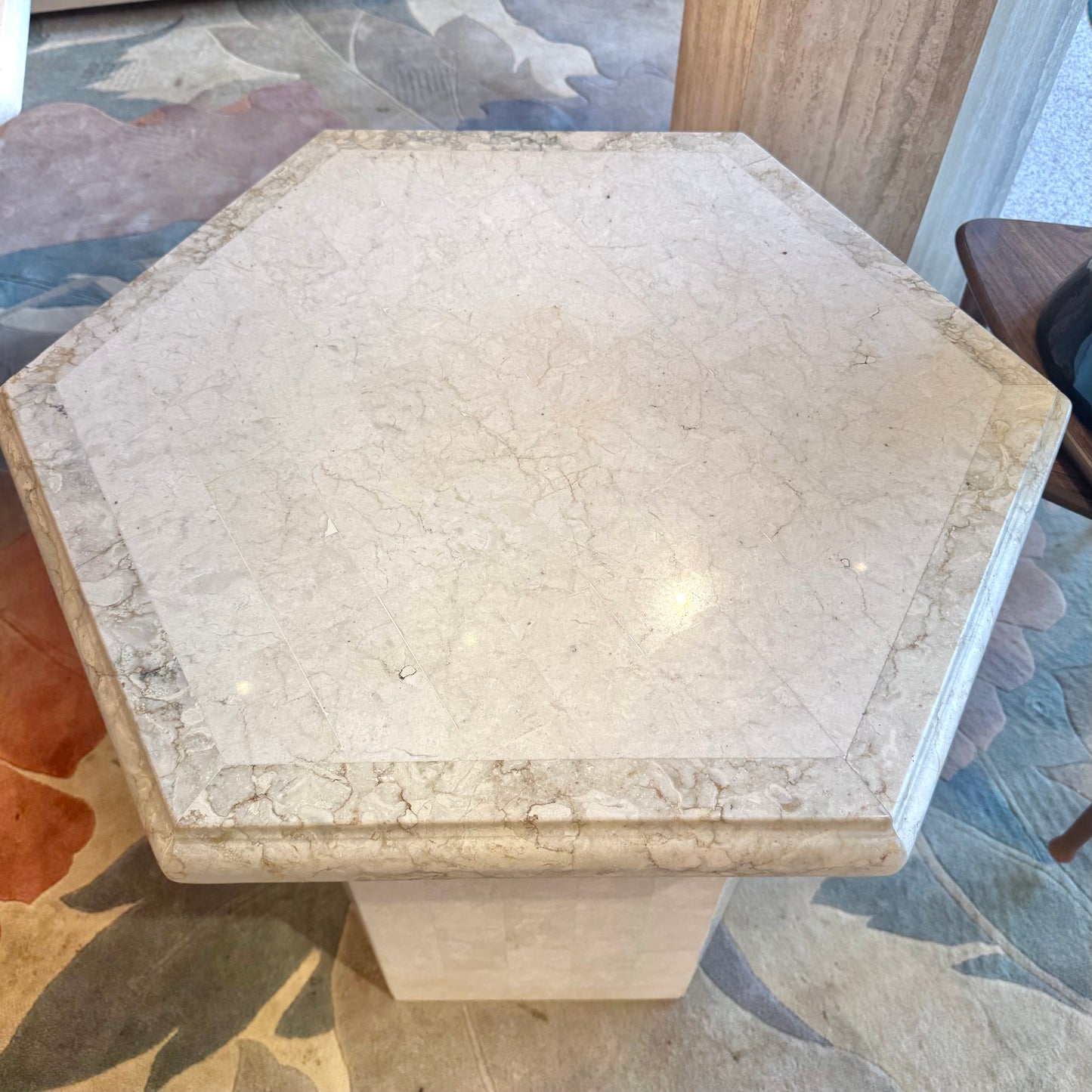 Vintage Hexagonal Tessellated White Marble Side Table