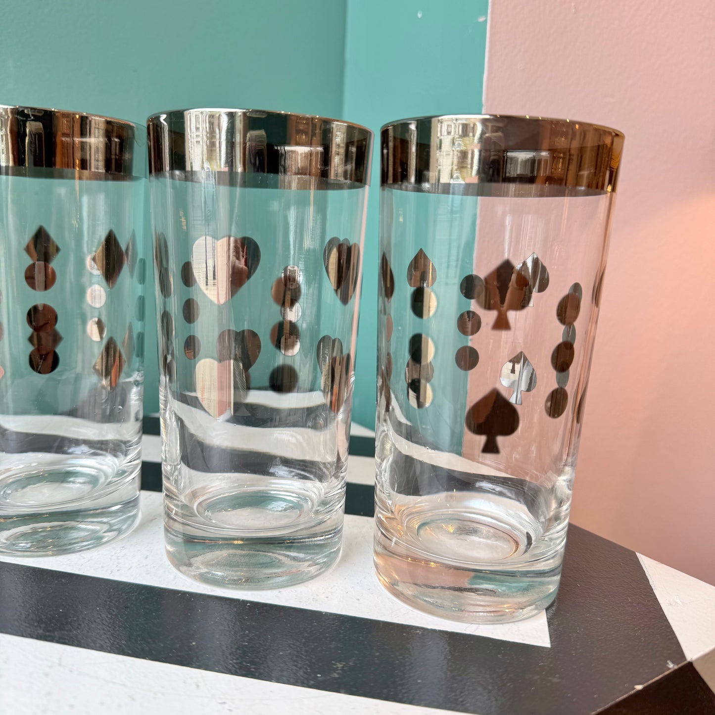 Set of 4 Vintage Metallic Playing Card Design Highball Glasses