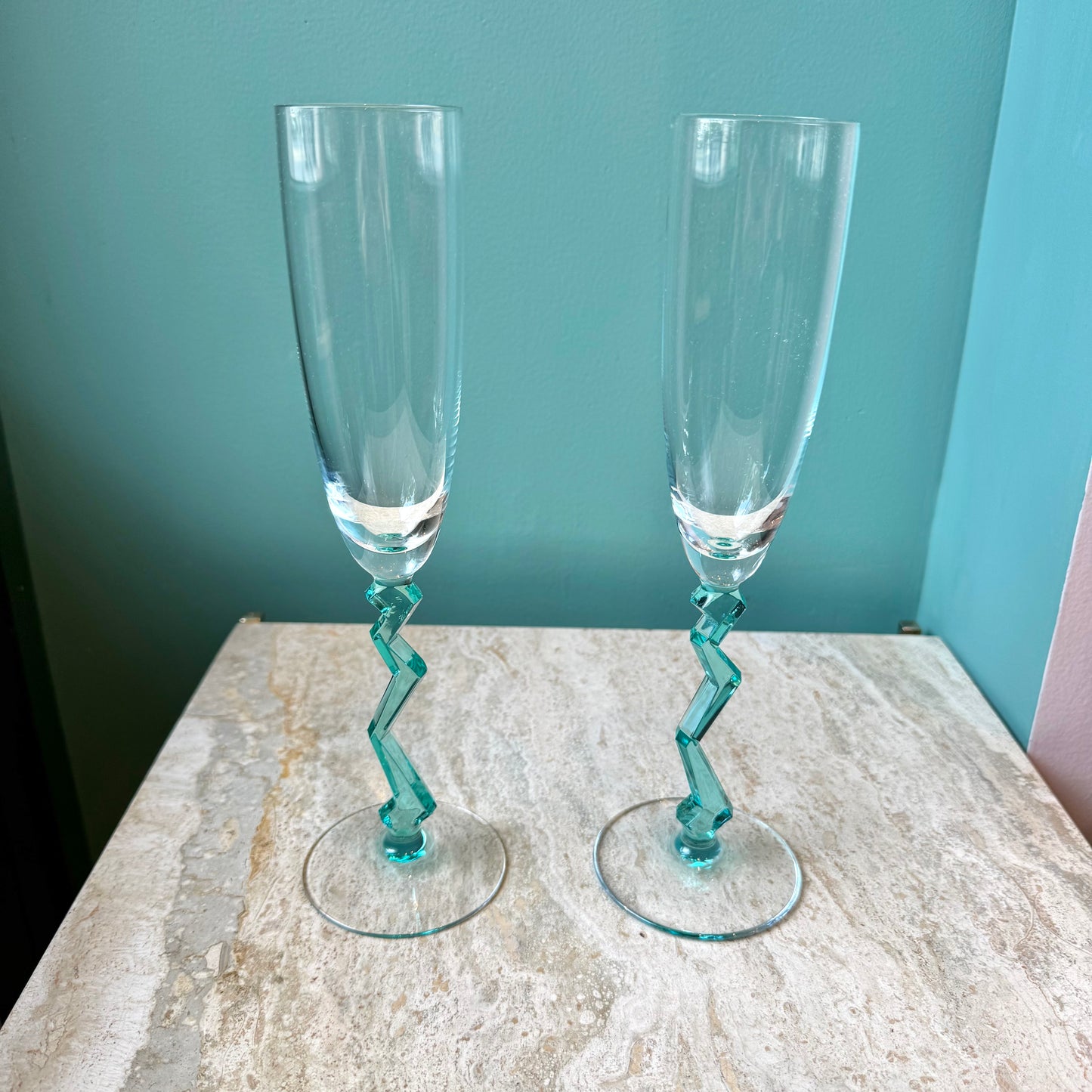Pair of Vintage Zig Zag Stem Champagne Flutes