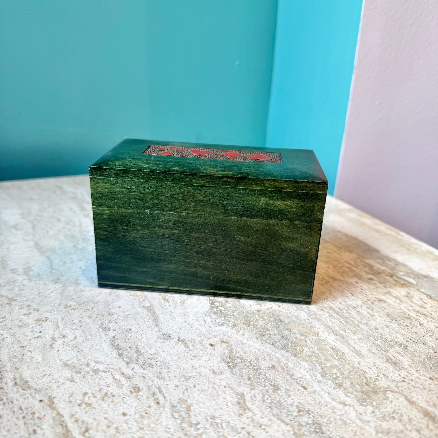 Vintage Green Wooden Playing Cards Box with Cards