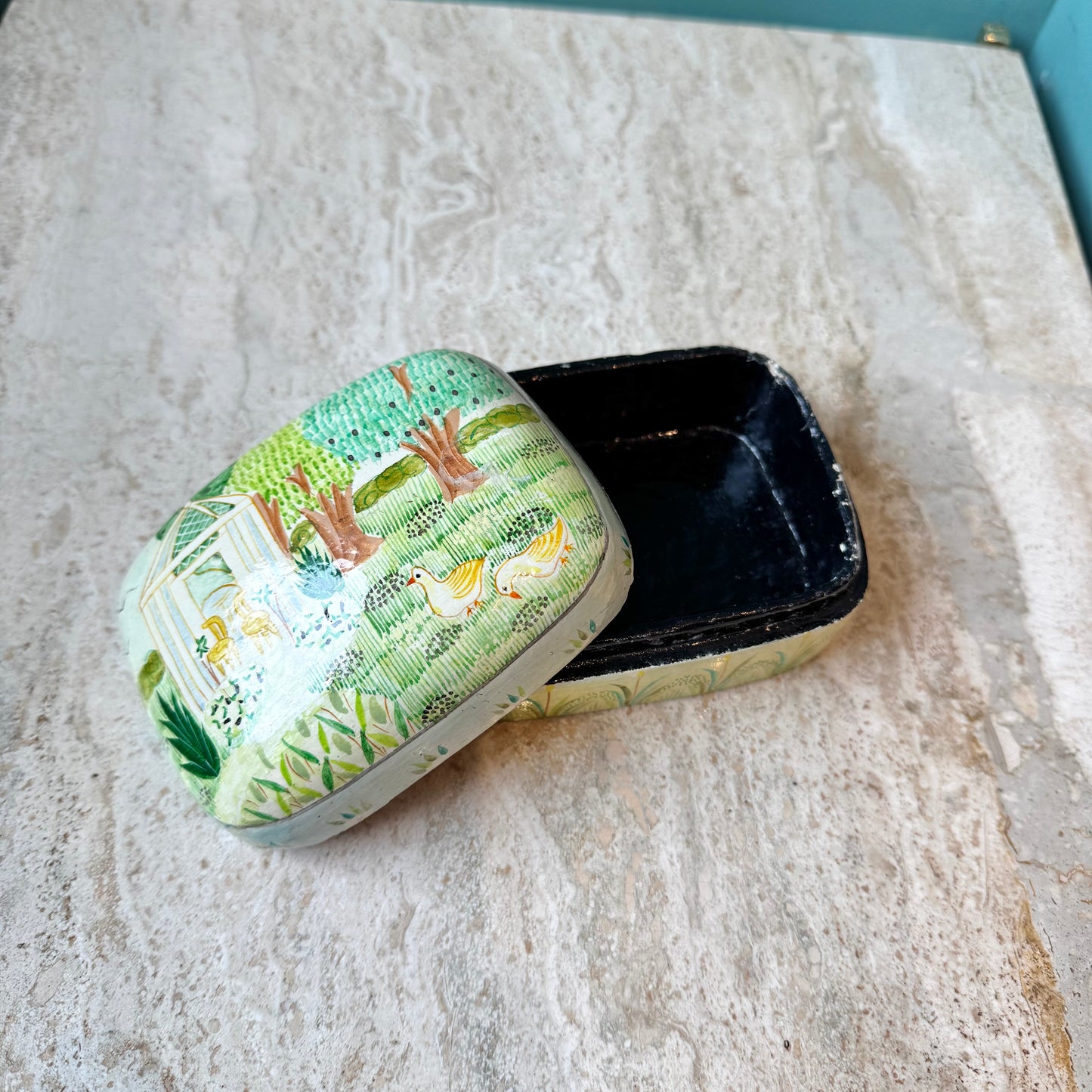 Vintage Papier Mache Garden Scene Trinket Box