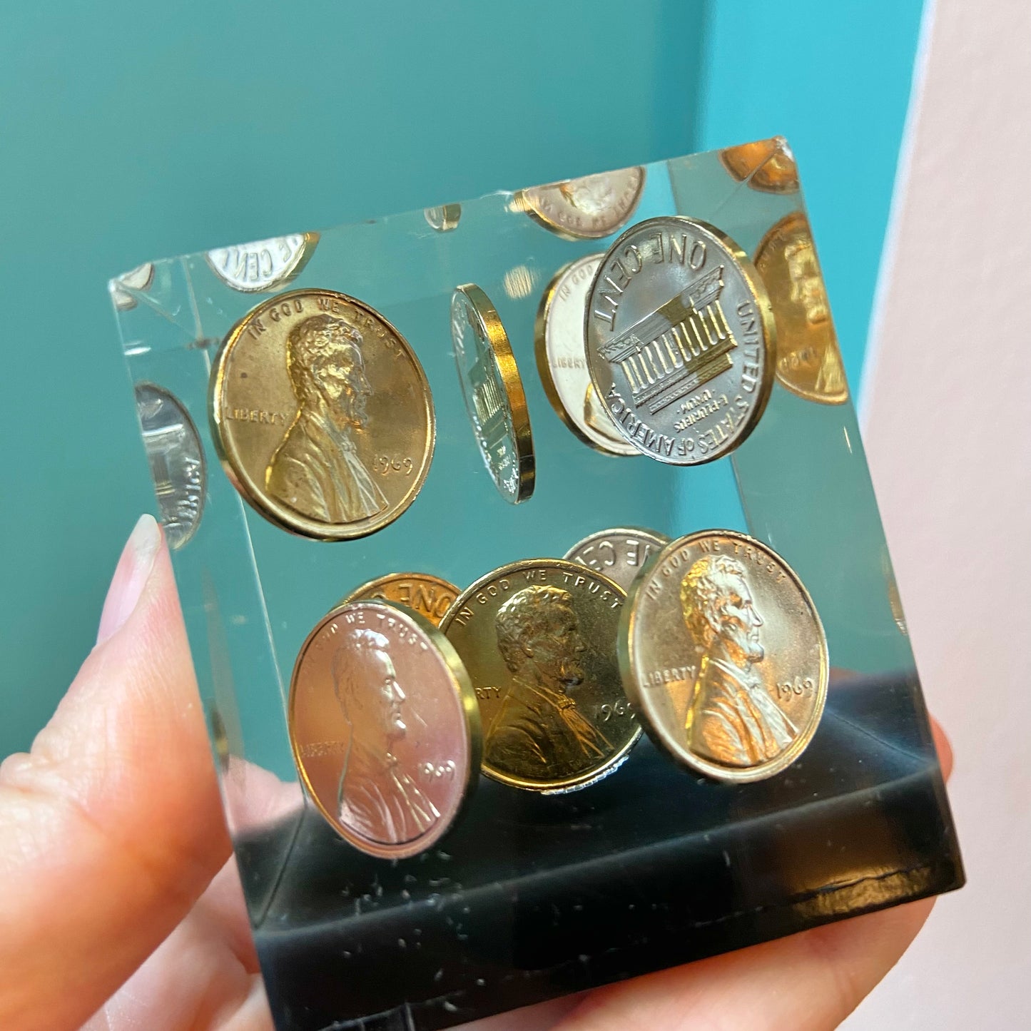 Vintage Lucite 1969 Penny Paperweight